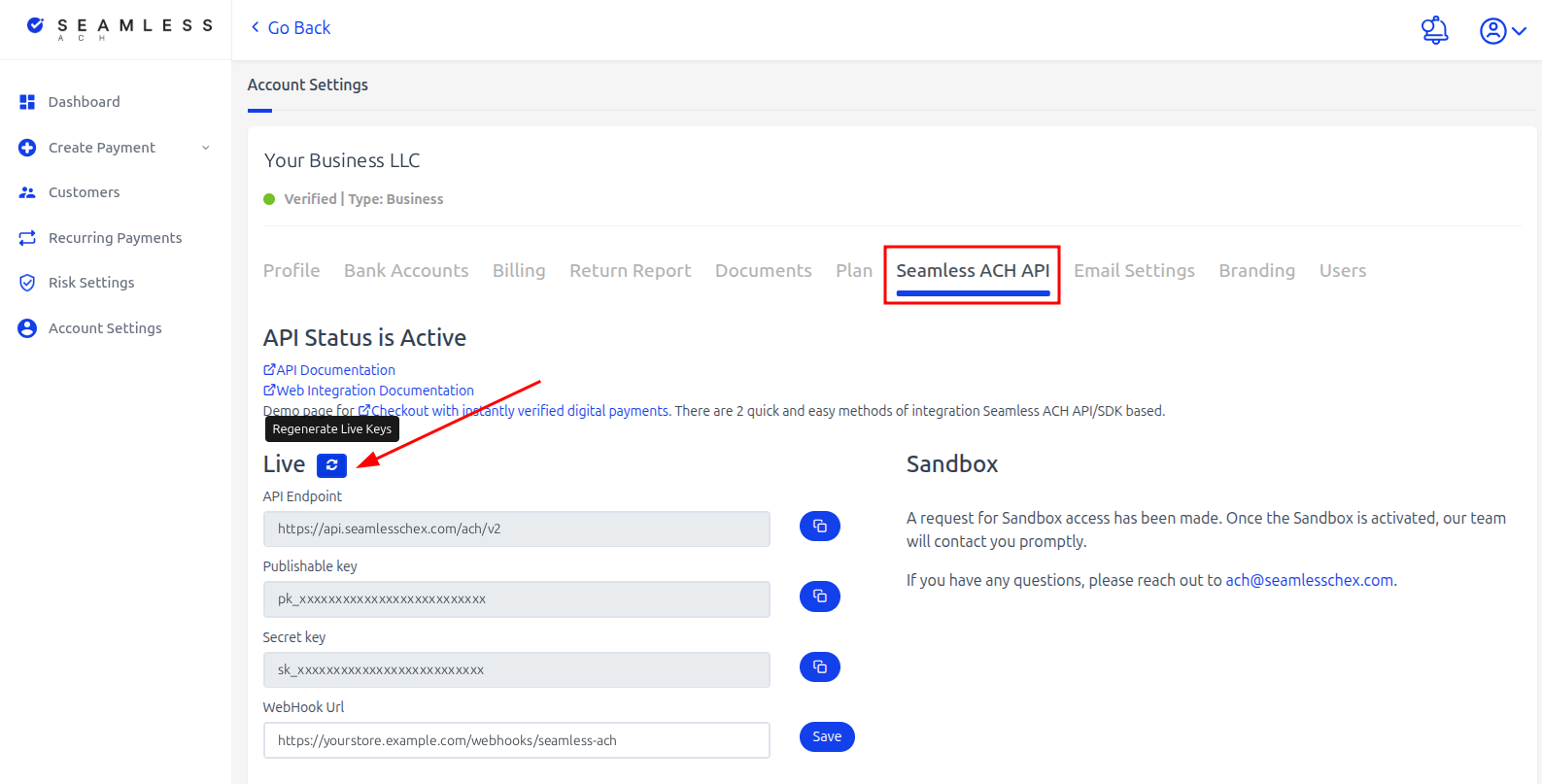 Seamless ACH dashboard, Account Settings, Seamless ACH API tab: Live block with the Regenerate Live Keys button, API endpoint, publishable key, secret key and webhook URL