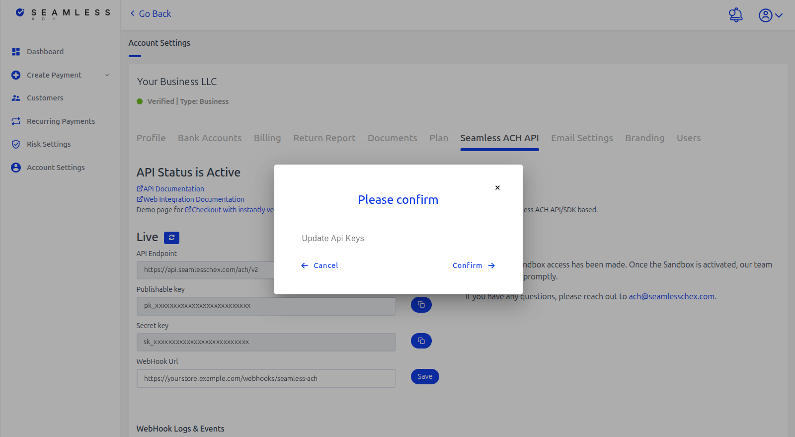 Please confirm dialog with the text Update Api Keys and the Cancel and Confirm buttons, over the Seamless ACH API settings page