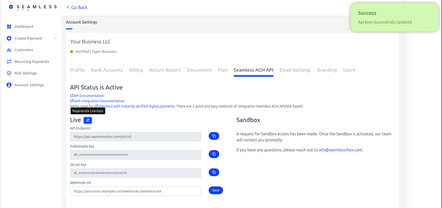 Seamless ACH API settings after rotation: Success message Api keys Successfully Updated and the new publishable and secret keys