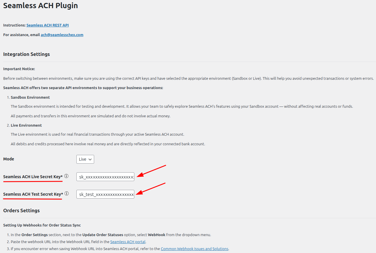 Seamless ACH WordPress plugin settings: Mode, Seamless ACH Live Secret Key and Seamless ACH Test Secret Key fields