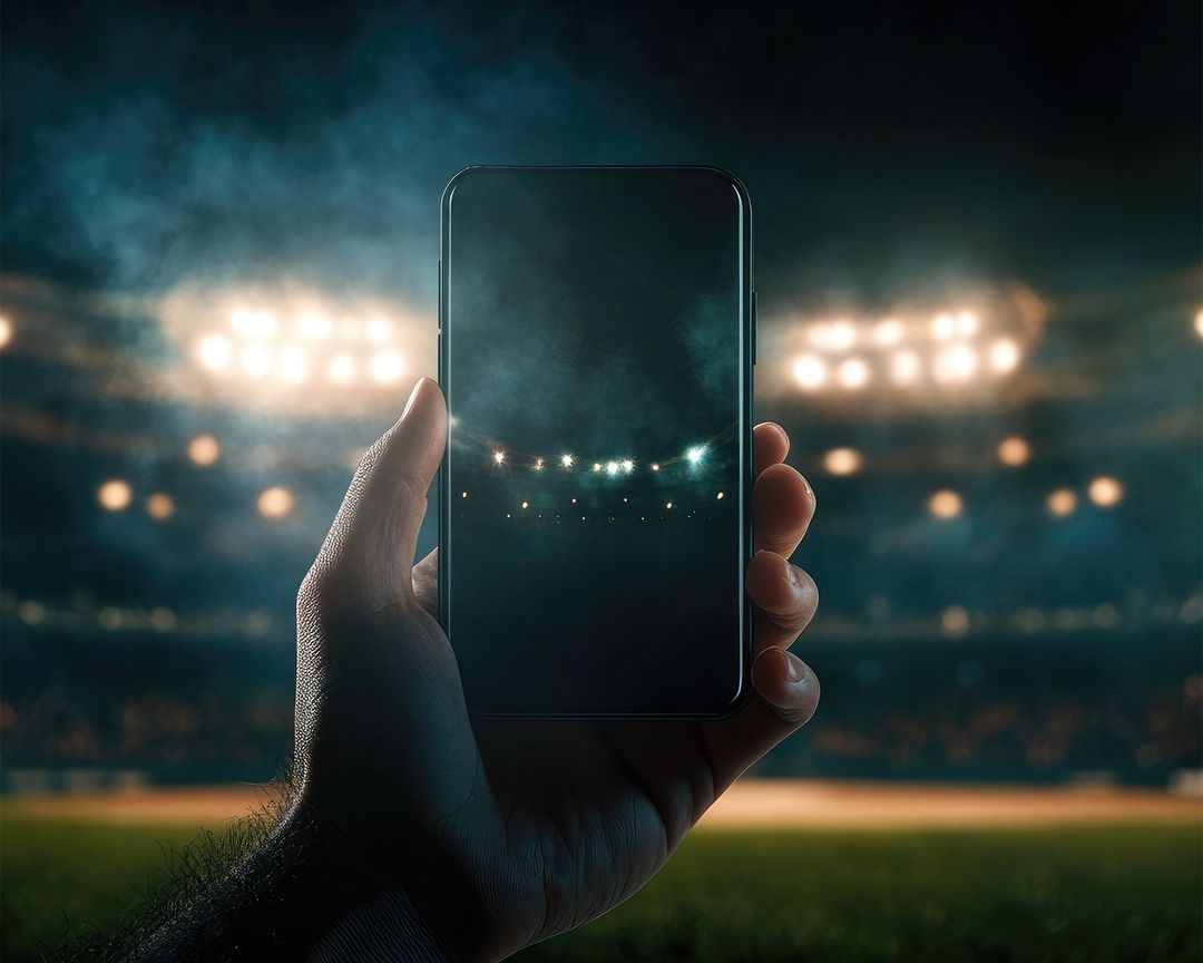A phone held up in a floodlit stadium