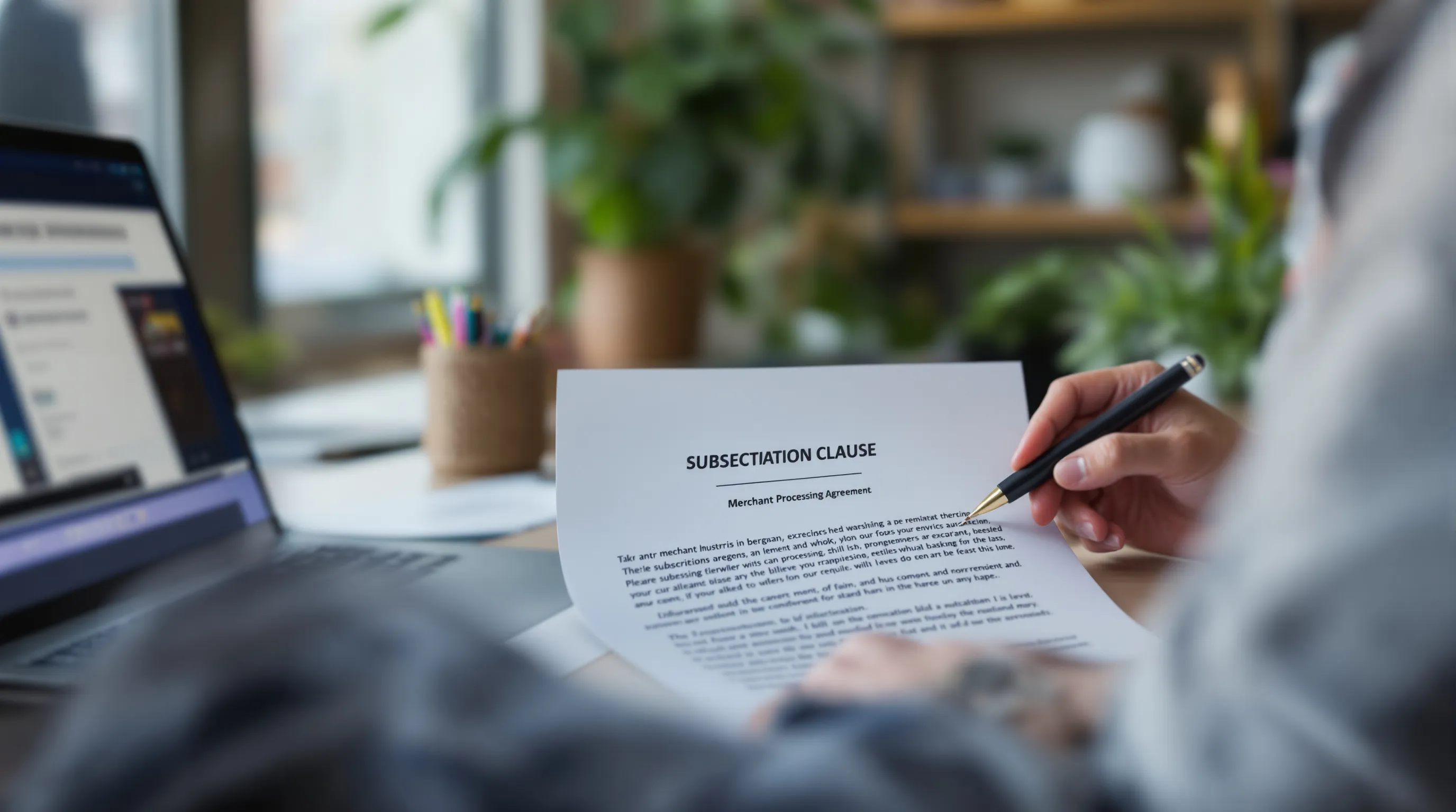 Business owner reviewing the termination terms of a merchant processing agreement beside a laptop billing dashboard