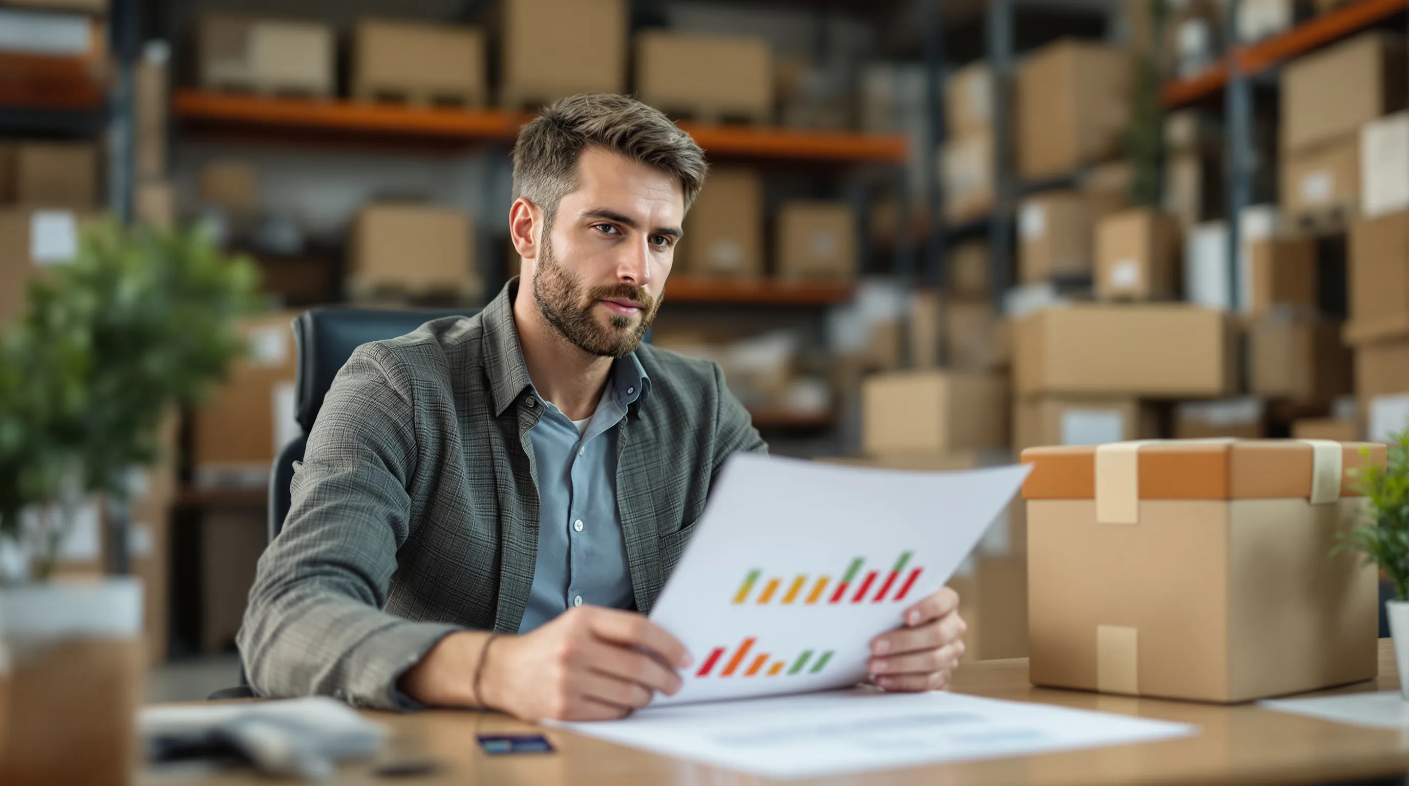 Photorealistic editorial photo of an ecommerce operations manager seated at a wooden desk in a small warehouse office, leaning forward with a focused expression while holding a printed sheet of green and red bar shapes
