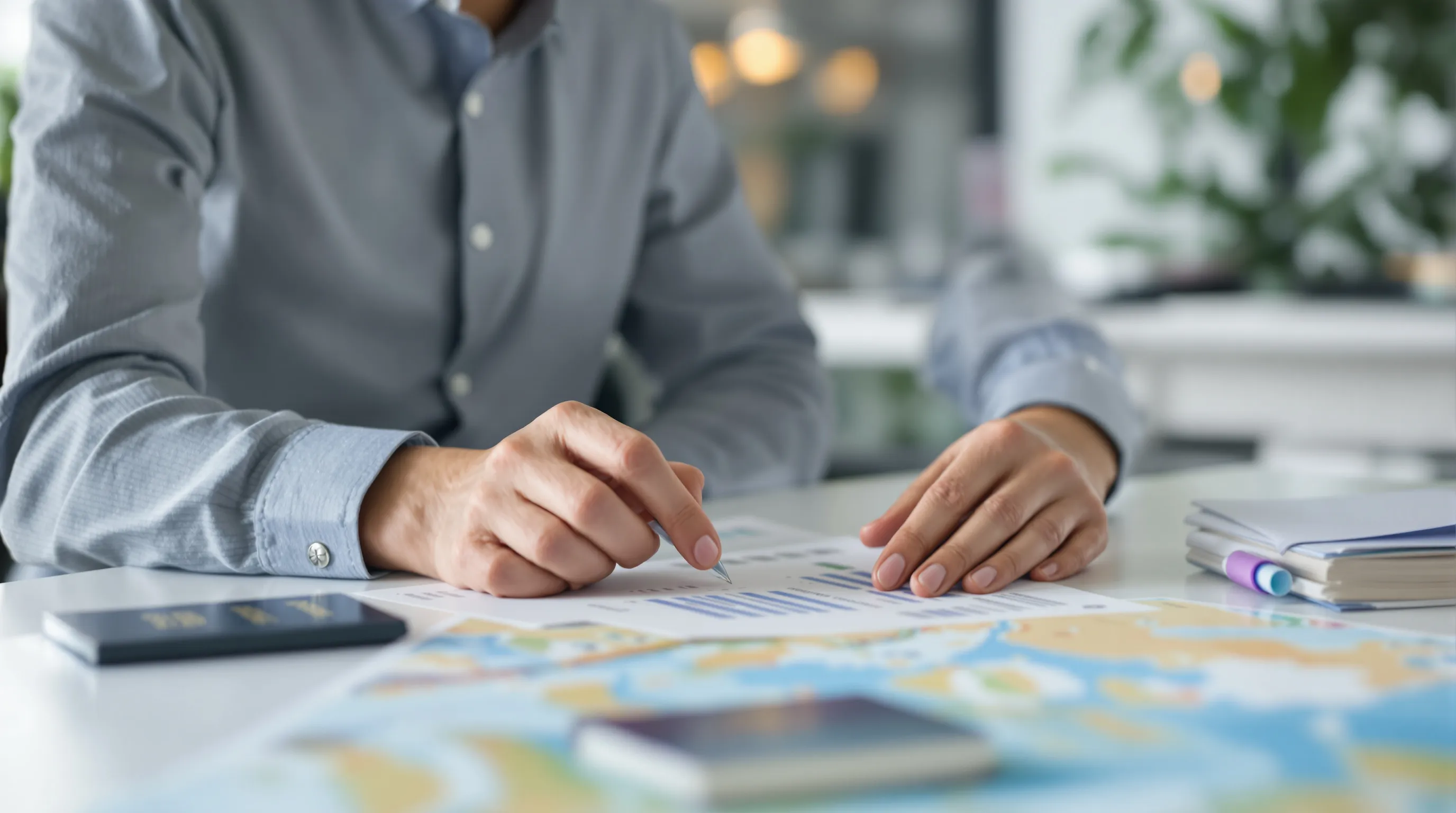 Travel agency professional reviewing merchant account documentation and booking records at an office desk