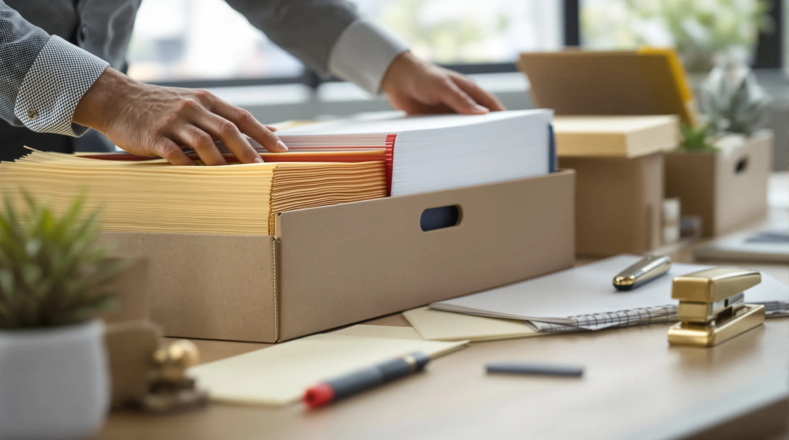 Close-up editorial photo of a business owner's hands at a conference table, sliding stacks of color-coded cardboard dividers into sturdy file boxes, with a few clipped bundles of heavy cream stock and a red highlighter