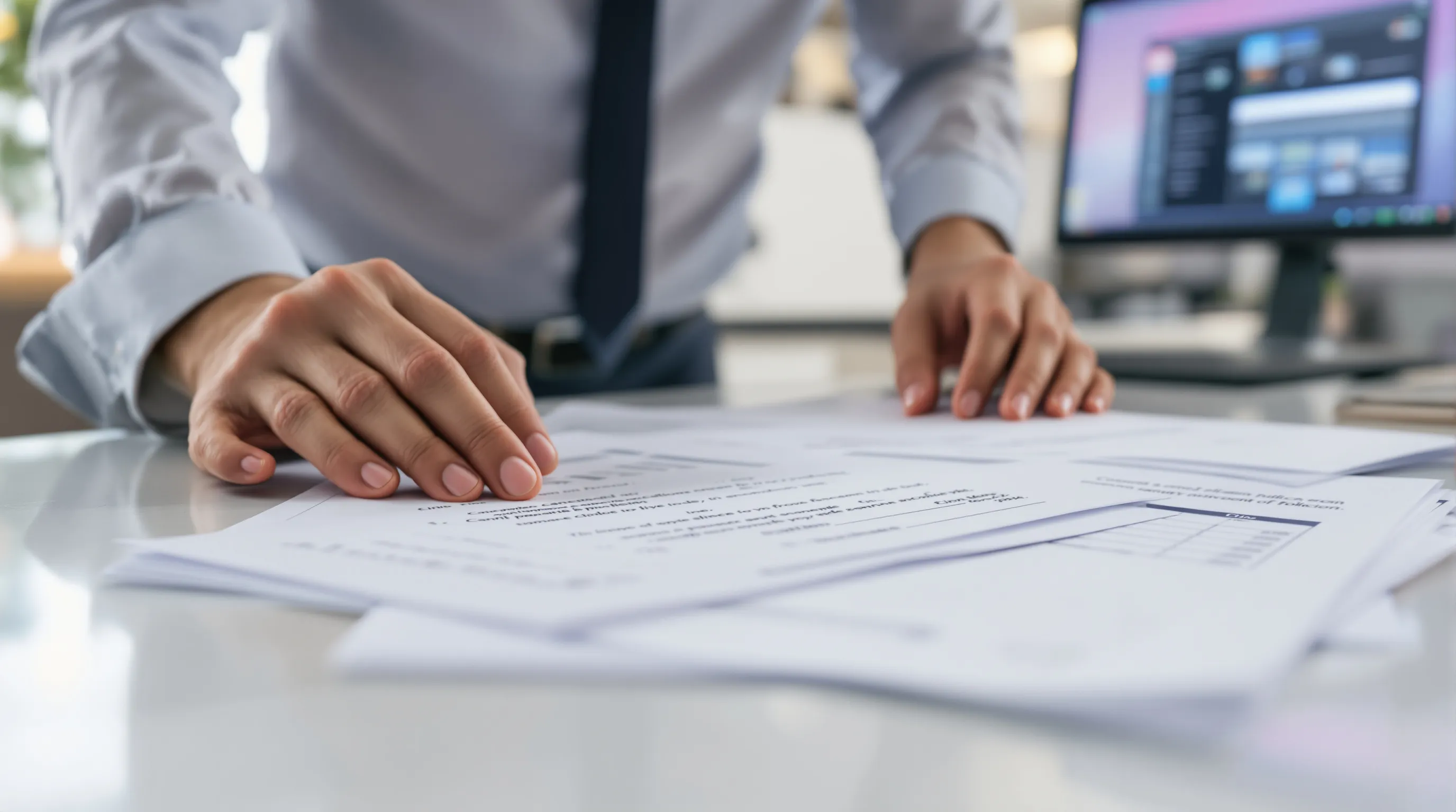Travel agency staff organizing booking confirmation documents and signed cancellation policy forms for chargeback dispute representment