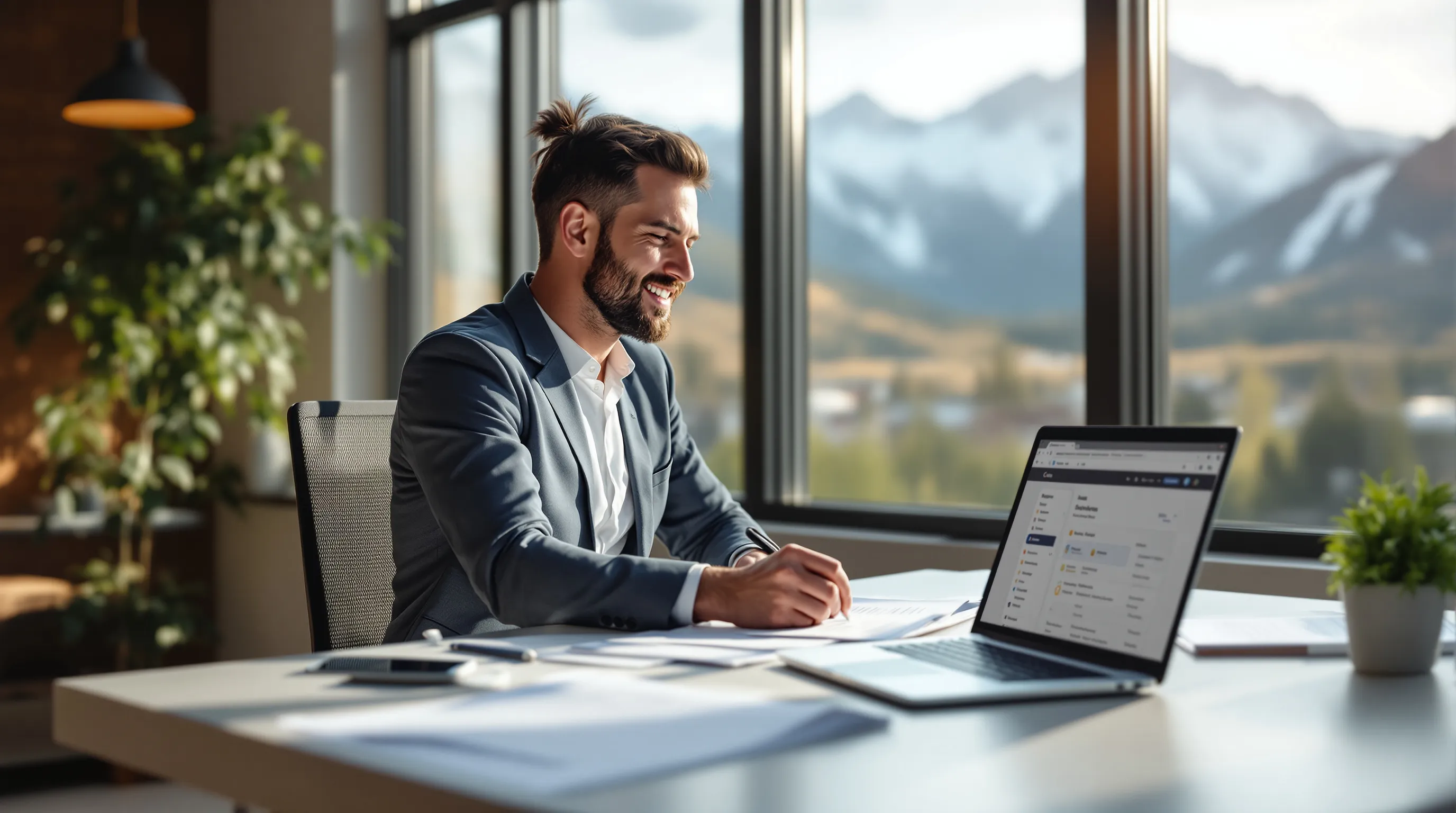 Colorado business owner reviewing peptide merchant account compliance documents with payment processing dashboard