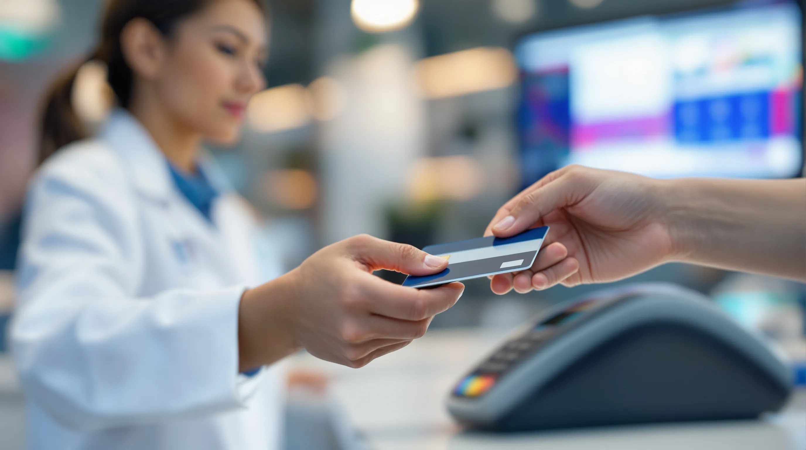 Contactless credit card payment at a medical reception desk with electronic health records system visible in background
