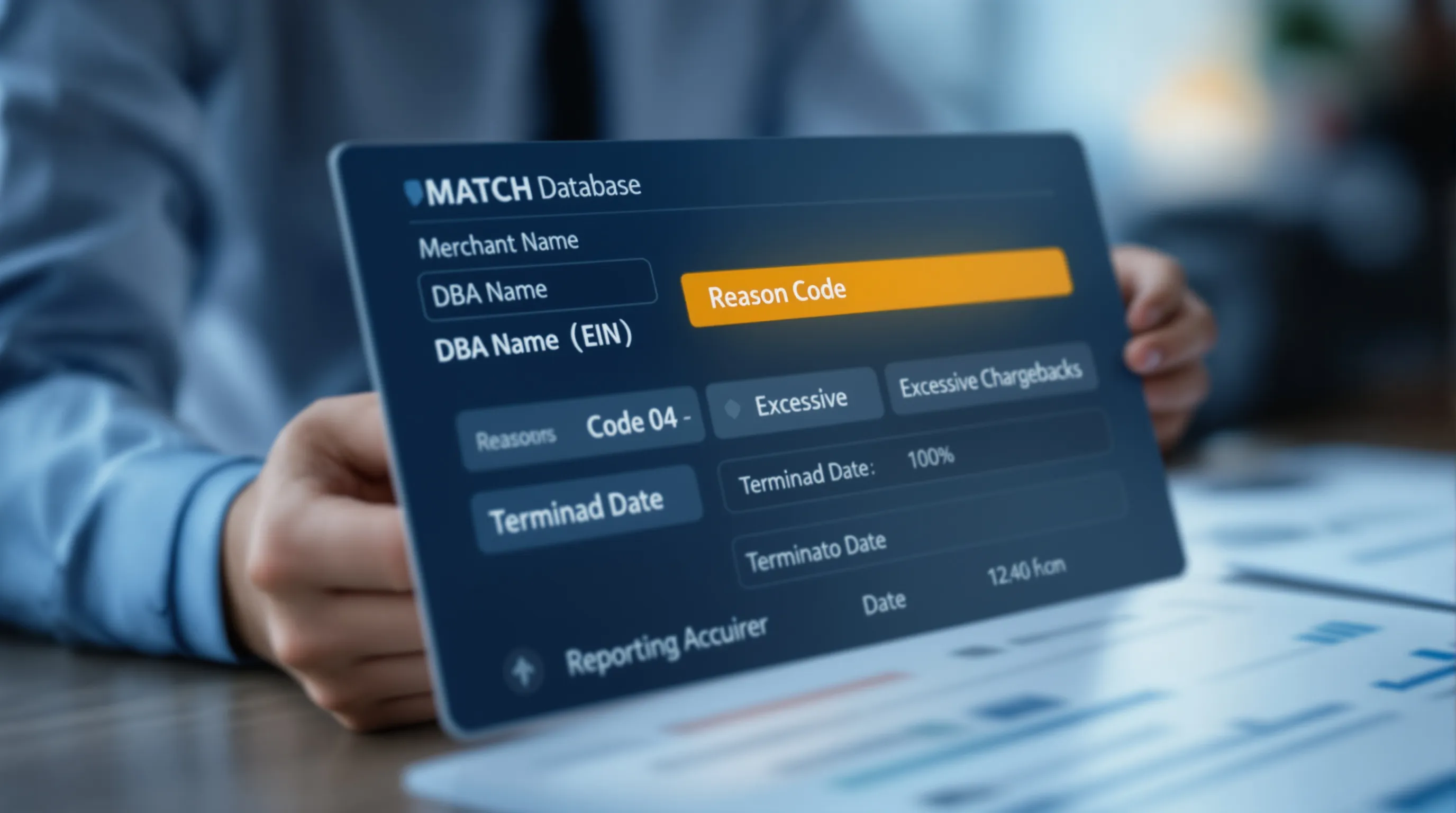 The nine data fields an acquirer sees when querying the MATCH database during merchant underwriting