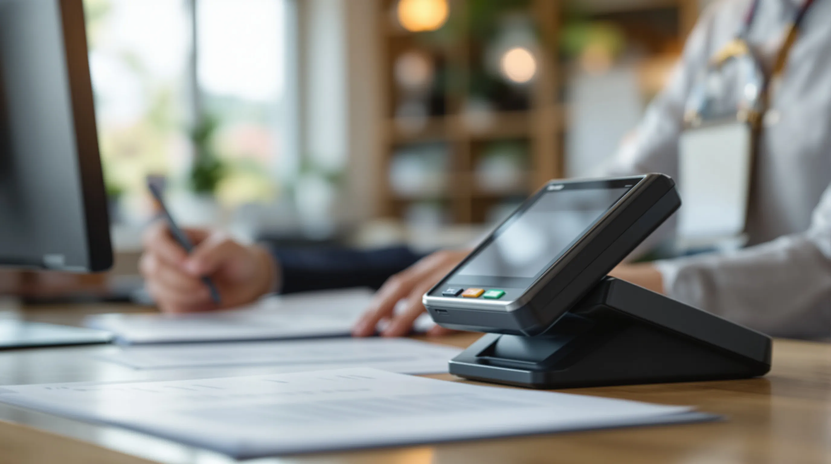 Travel agency merchant account documentation including booking records and a payment processing terminal on a professional desk
