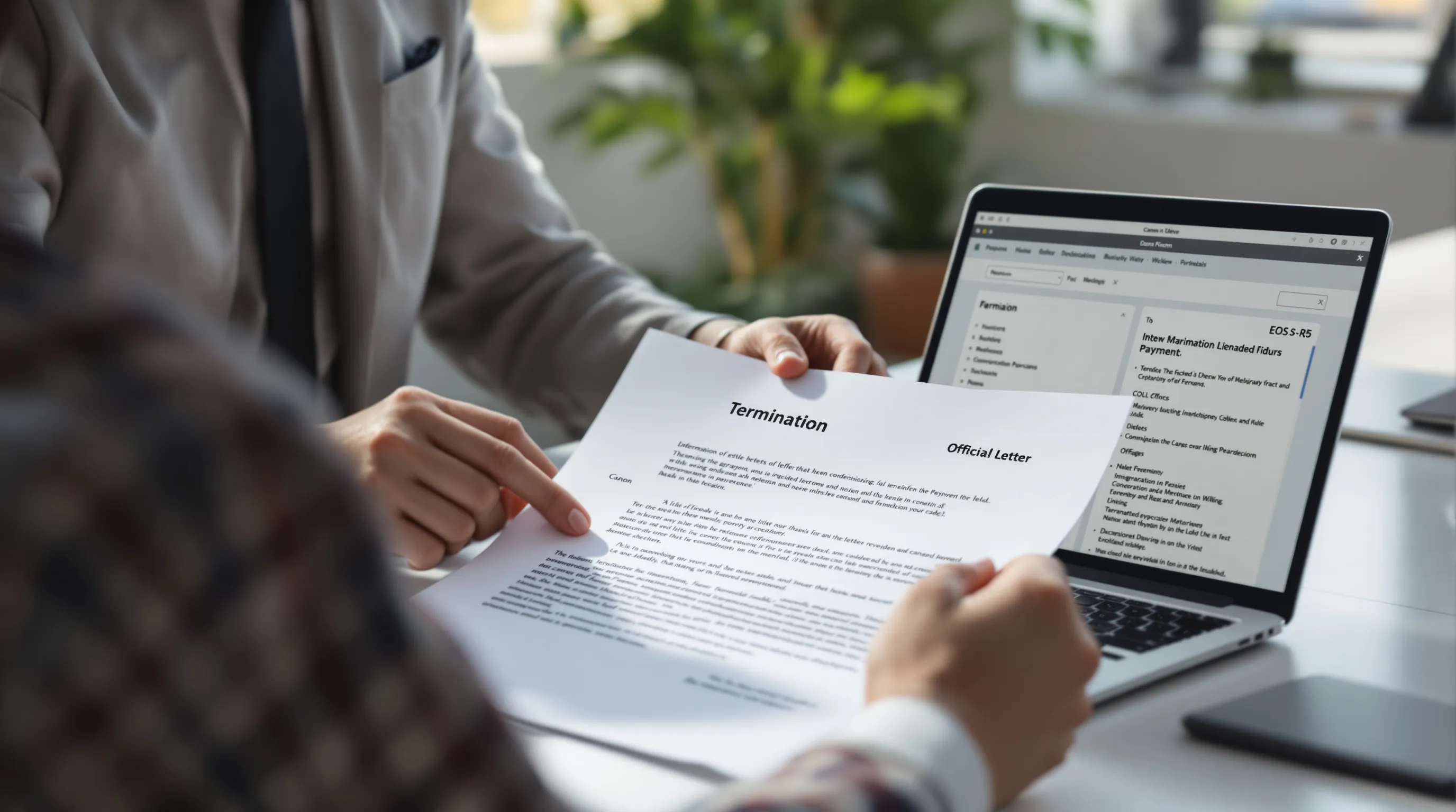 Business owner reviewing merchant account termination documents at a desk
