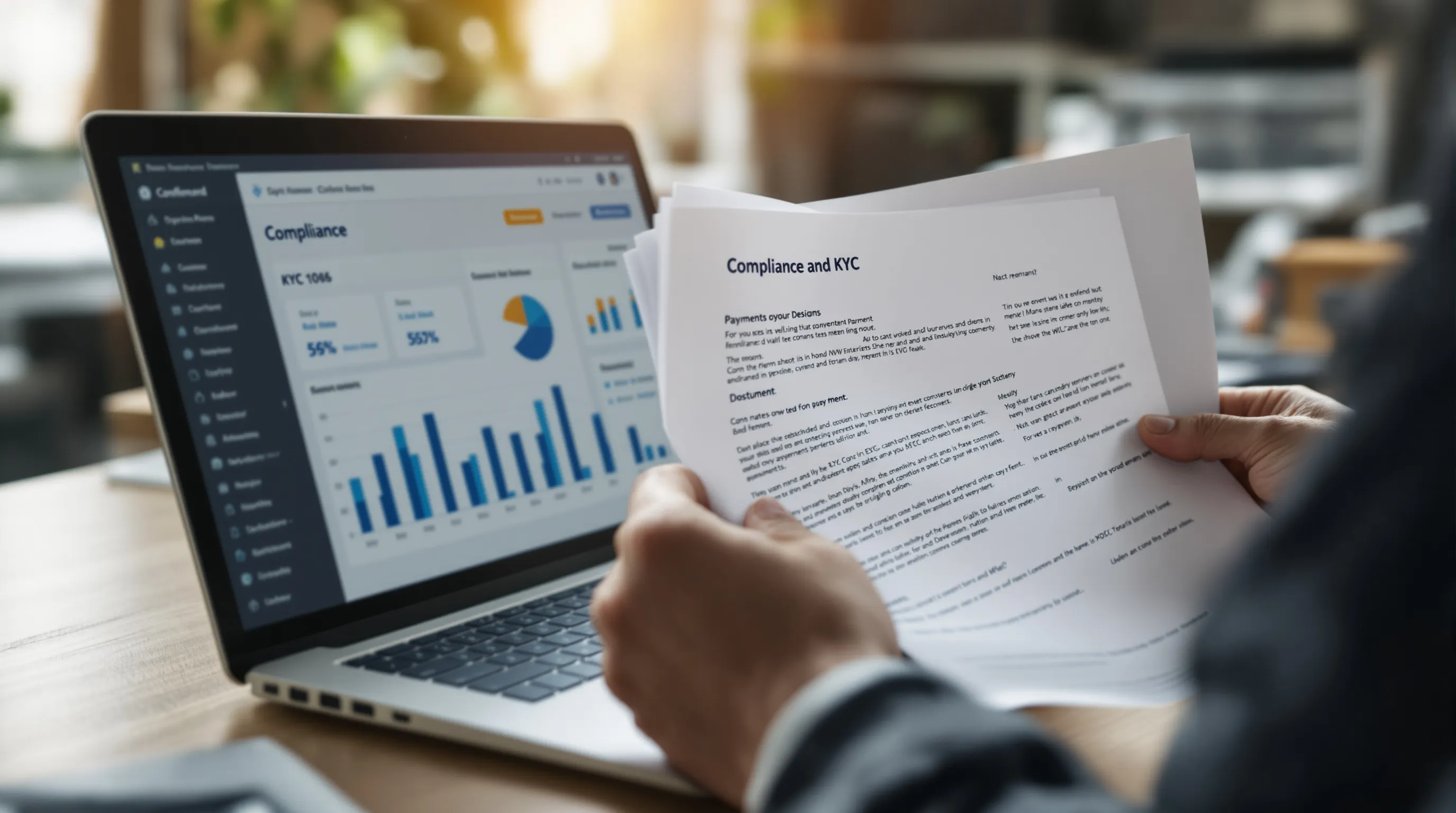 Close-up of hands reviewing compliance and KYC documents beside a laptop showing a payment dashboard