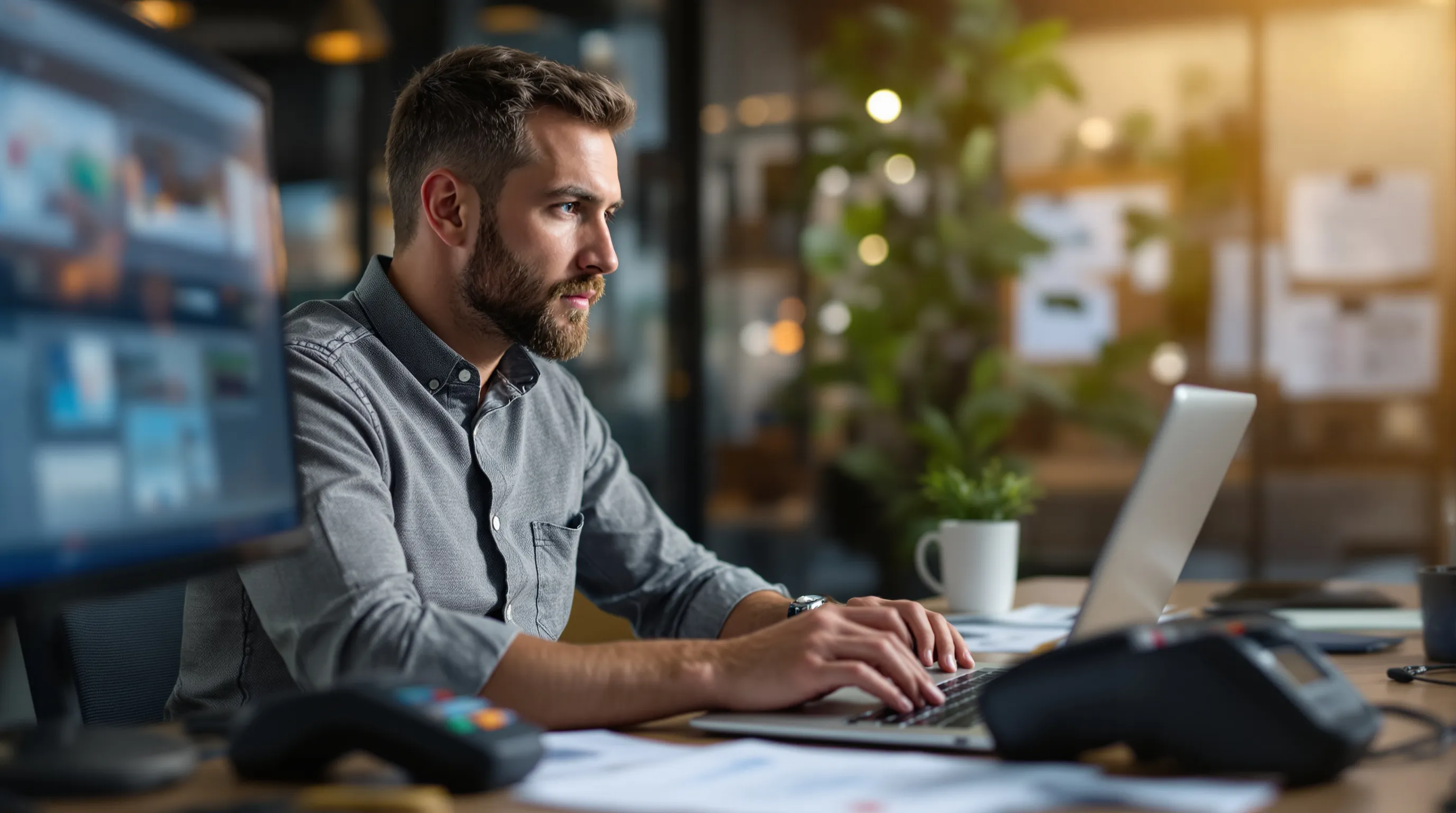 Small business owner reviewing high-risk merchant account payment processing data on a laptop with a card terminal on the desk
