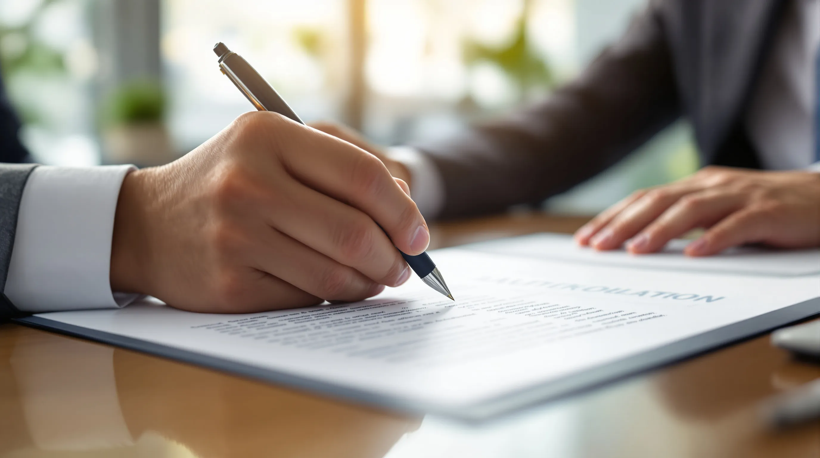 Business professional signing an ACH payment authorization agreement at a modern office desk.
