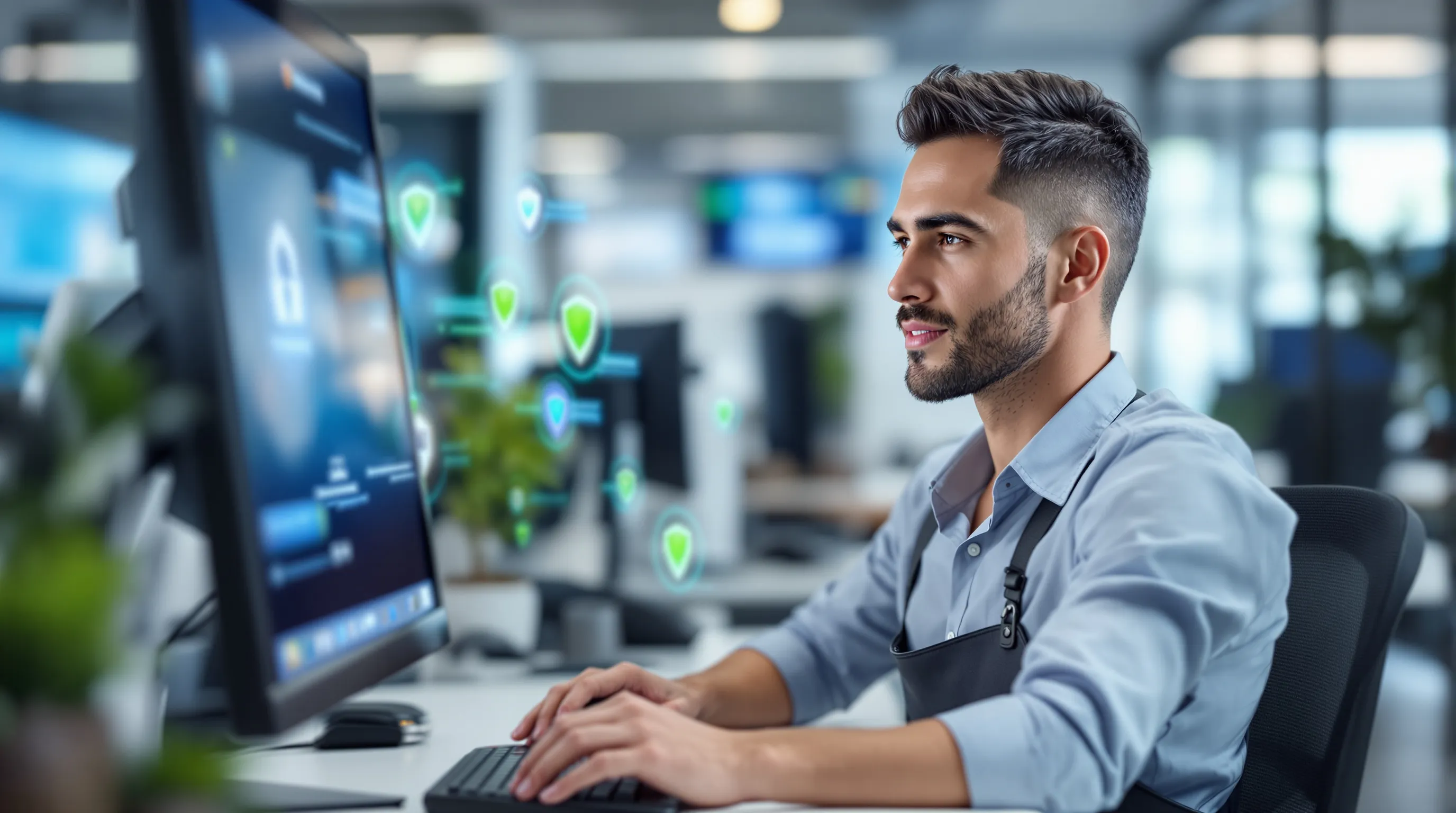A business professional reviewing virtual terminal transaction data on a secure payment dashboard, with visual security indicators, clean modern office environment, blue and white color scheme