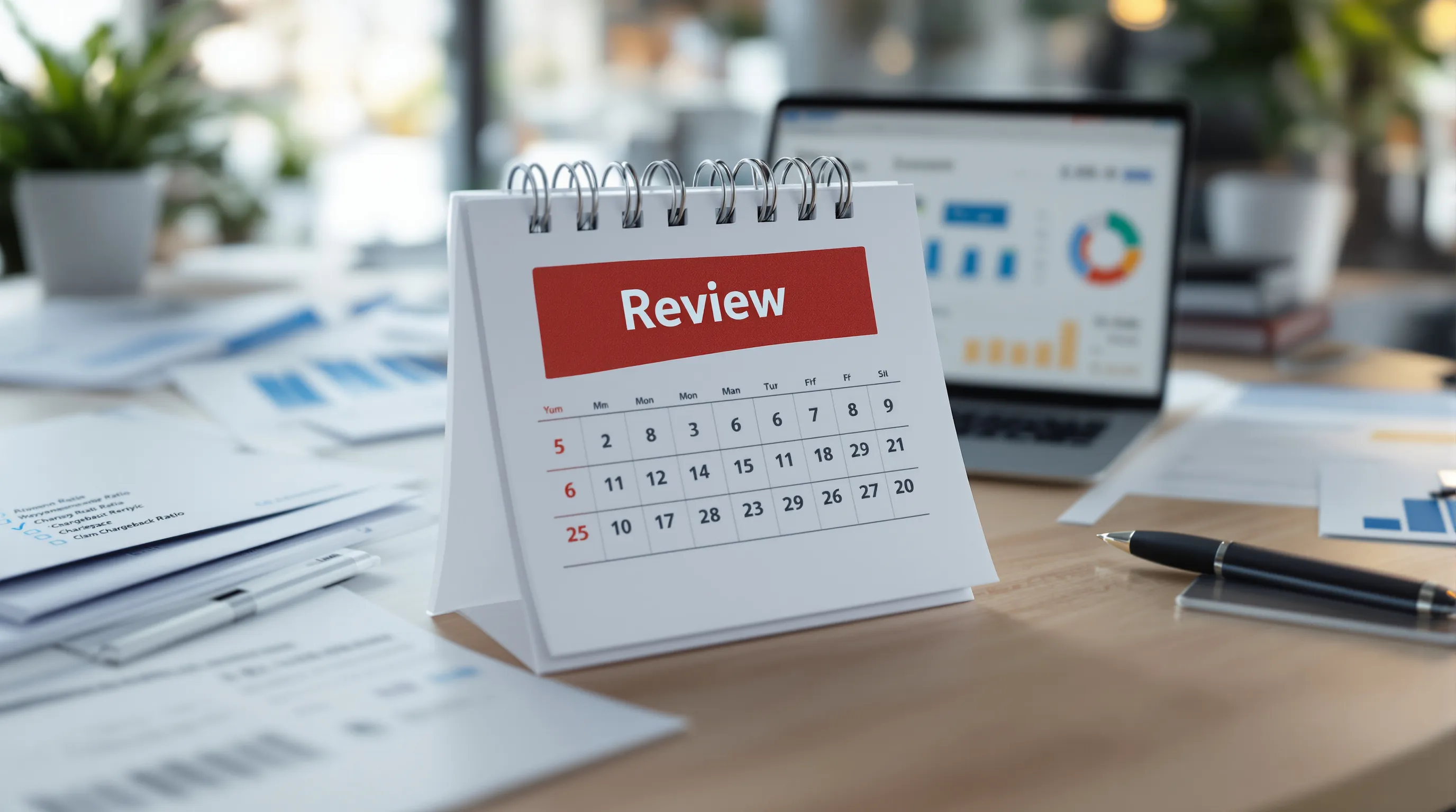 Month-6 re-review checklist and merchant account compliance documents on a business desk