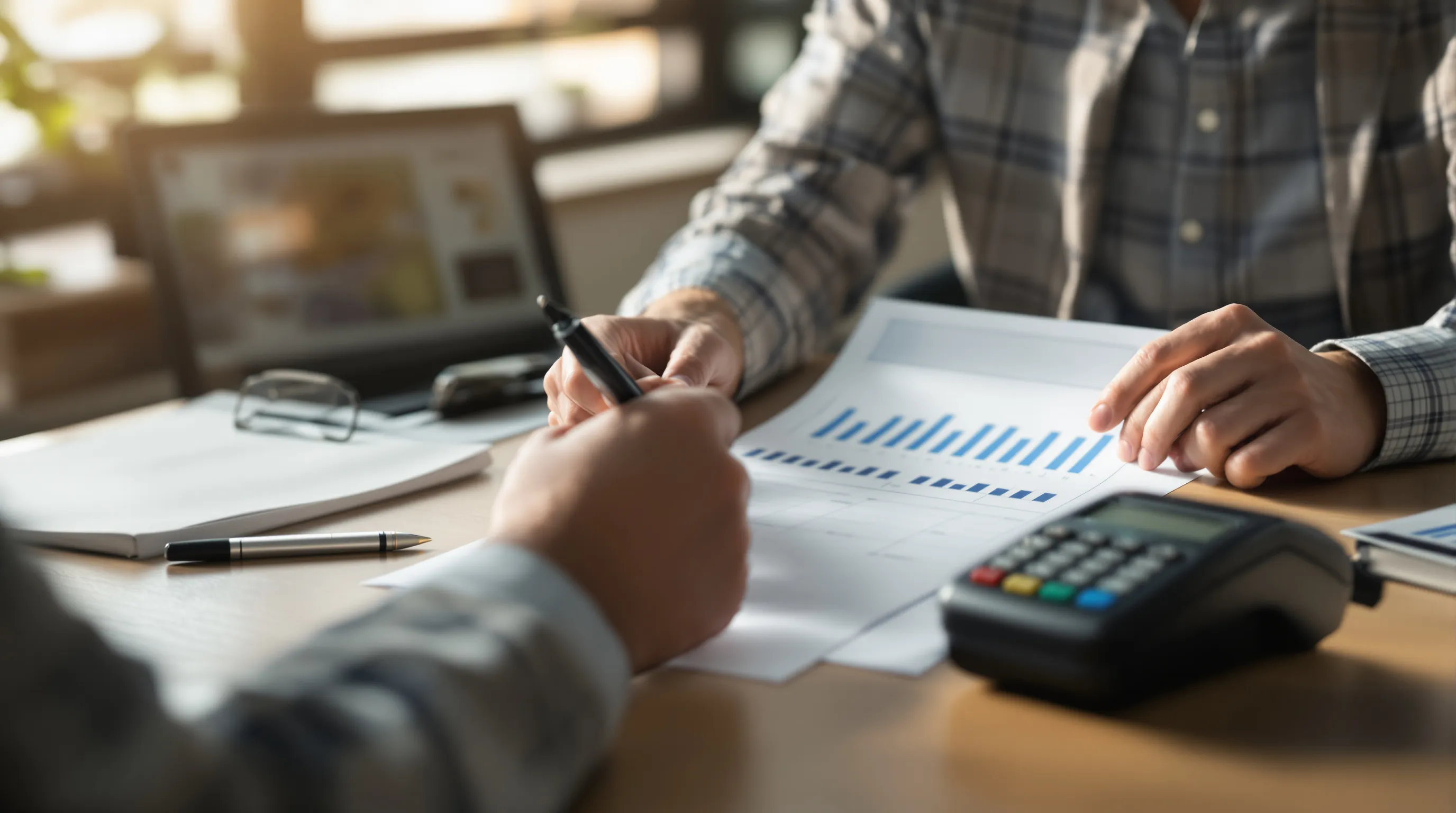 Business owner reviewing a monthly card processing statement at a desk beside a card terminal