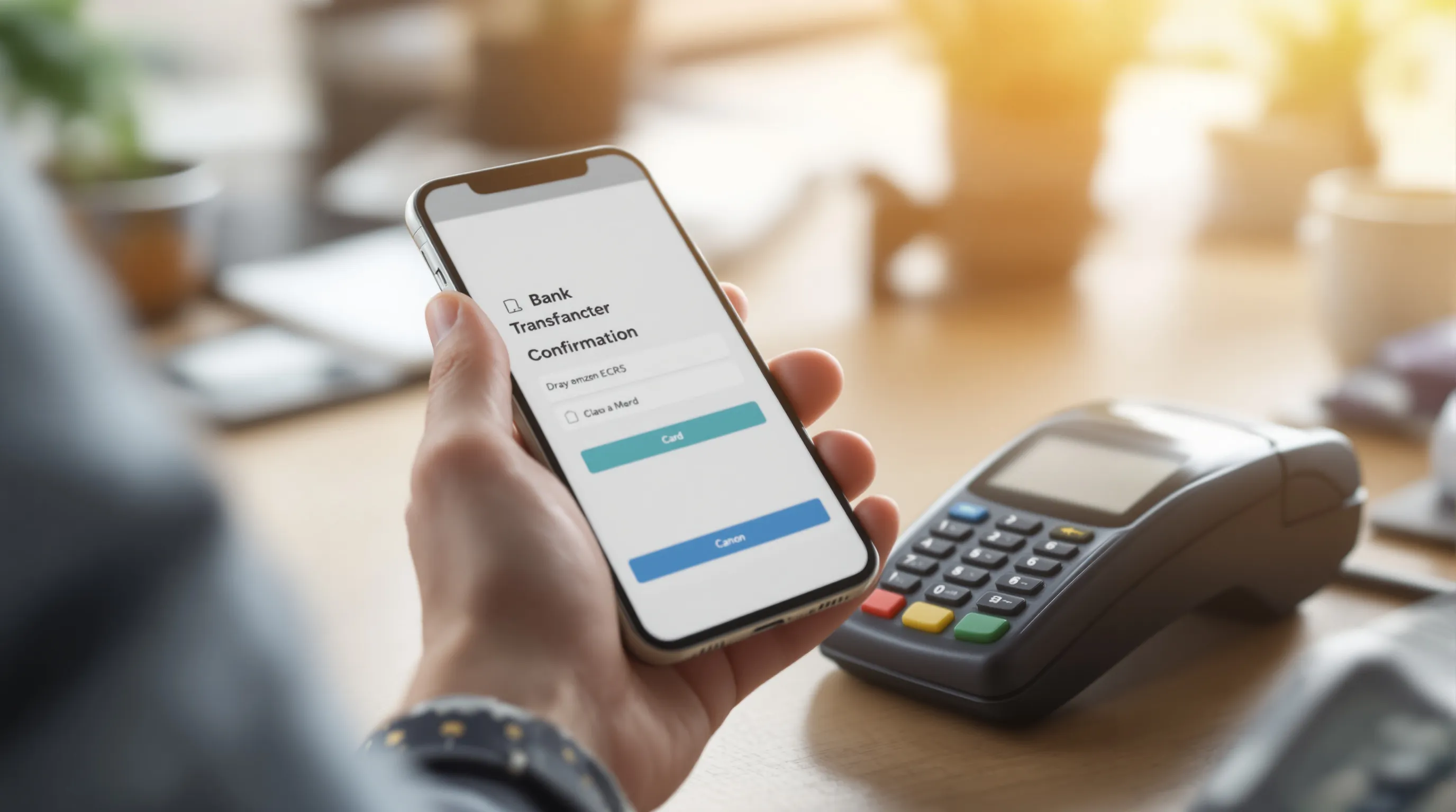 Smartphone showing a bank transfer confirmation next to a card payment terminal on a desk.