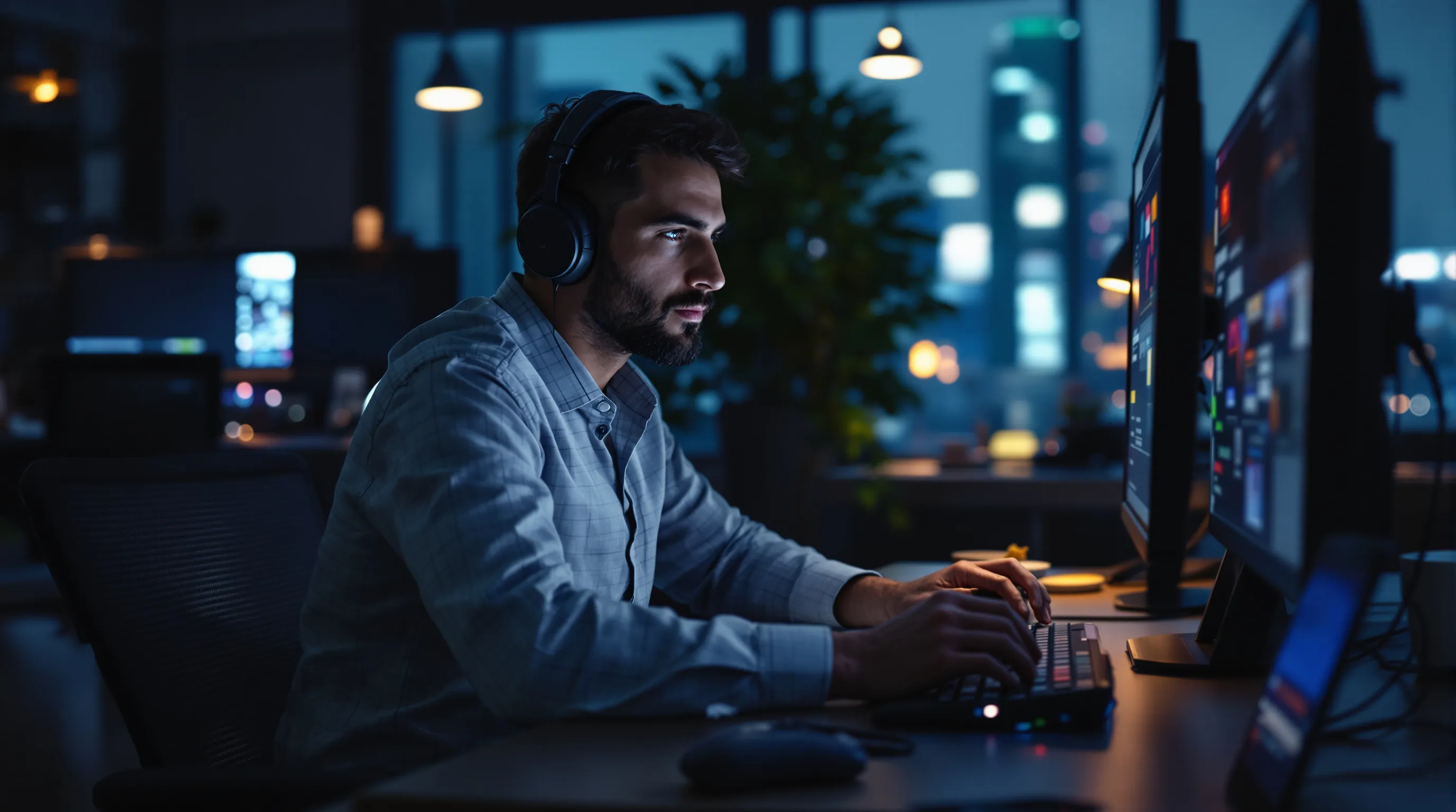 Payments risk manager at a gaming company reviewing a monthly dispute chart on a monitor, with a payment card and game controller on the desk