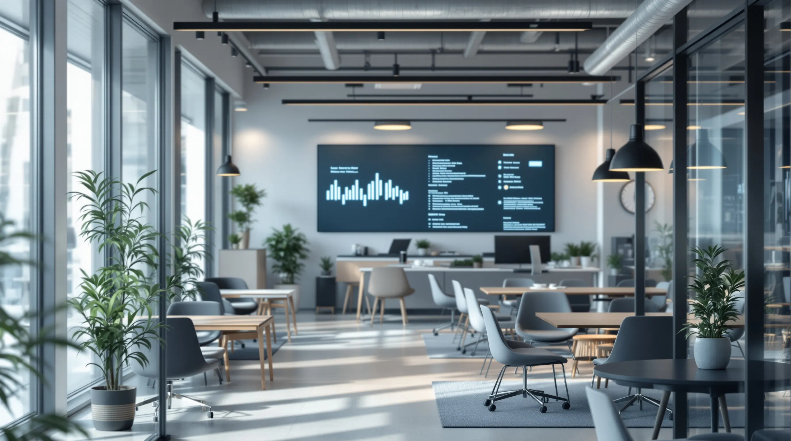 A professional business photo of a confident executive reviewing financial analysis and payment processing data on a large monitor in a modern fintech office. The screen shown softly out of focus