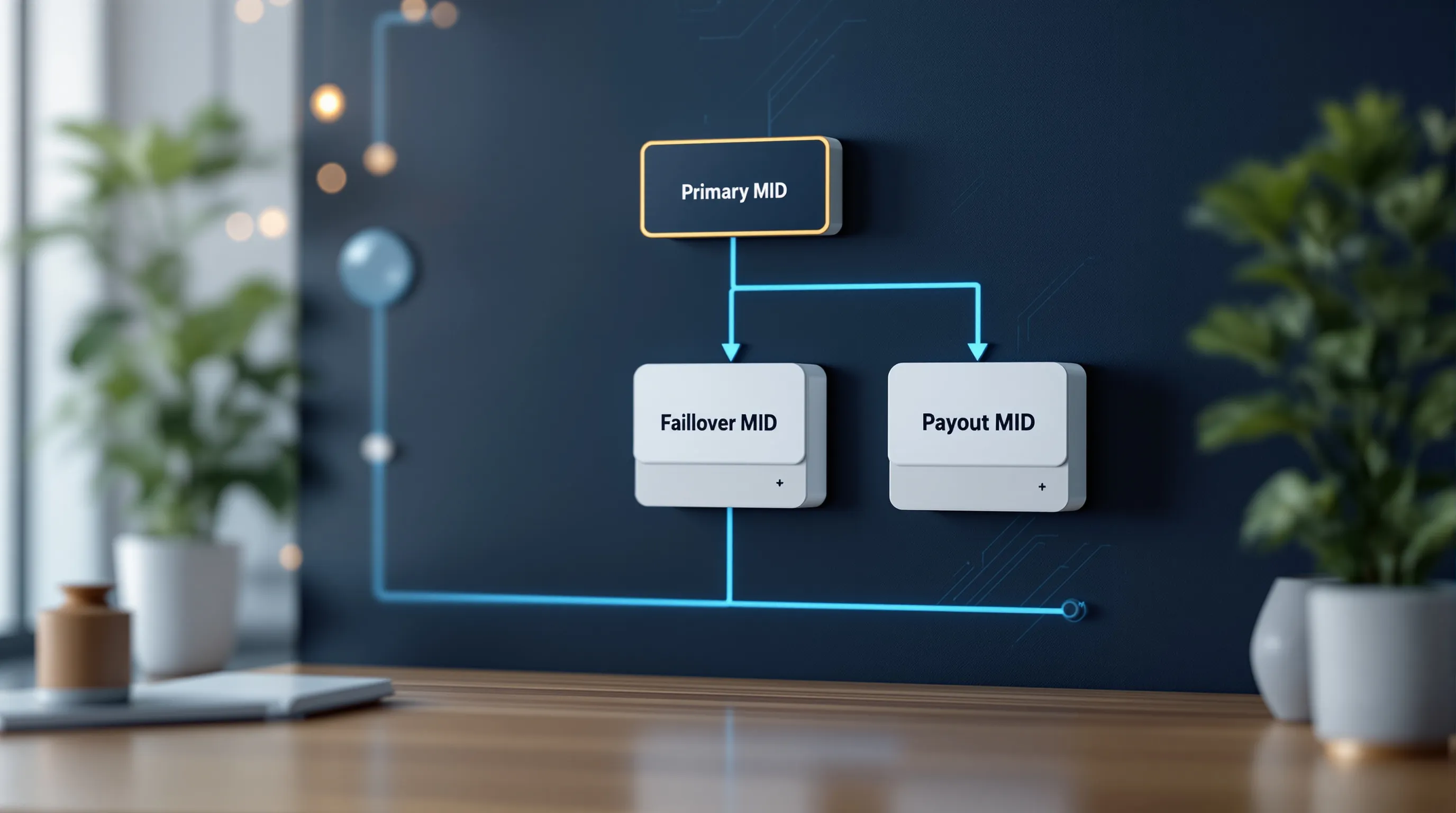 Diagram of the 3-MID Rule framework showing primary deposit, failover, and payout merchant account rails
