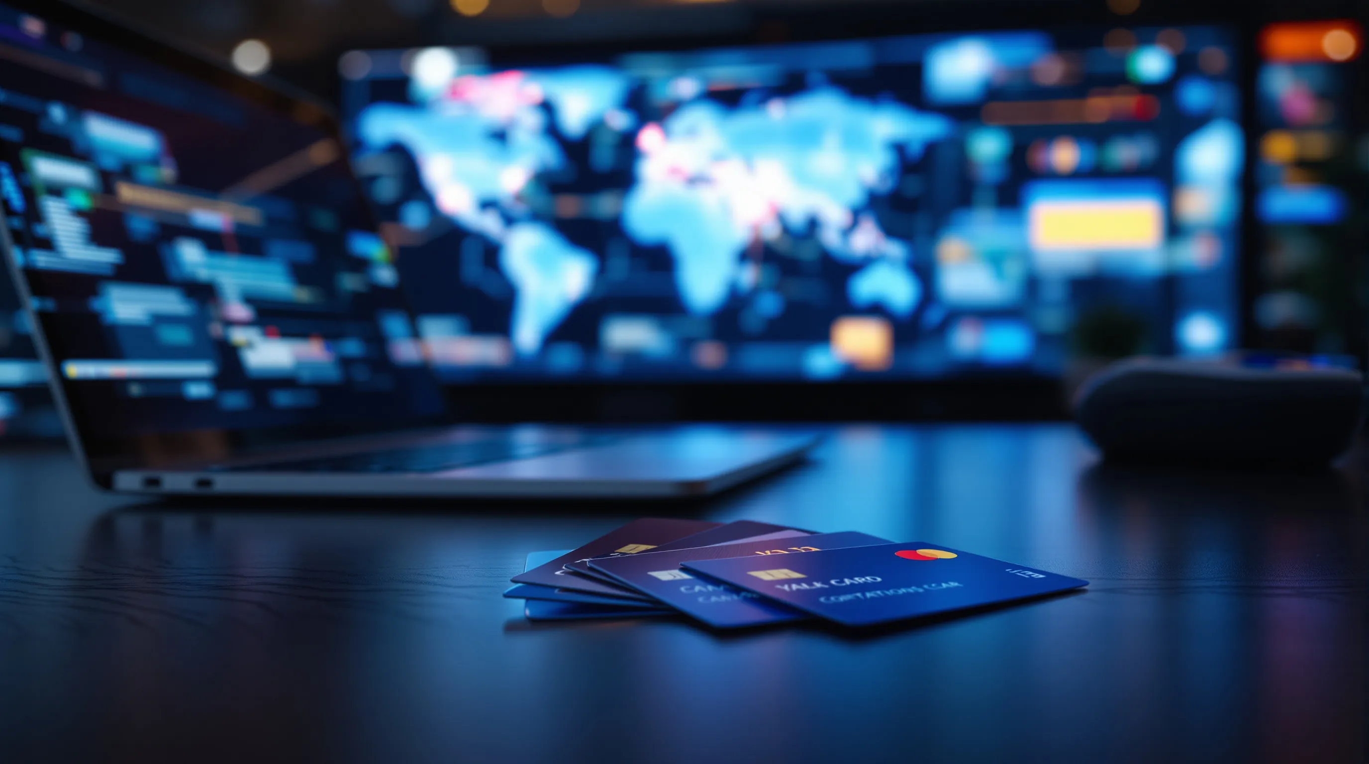 Credit cards from several countries beside a laptop and card terminal, with a blurred world map of payment flows on monitors behind