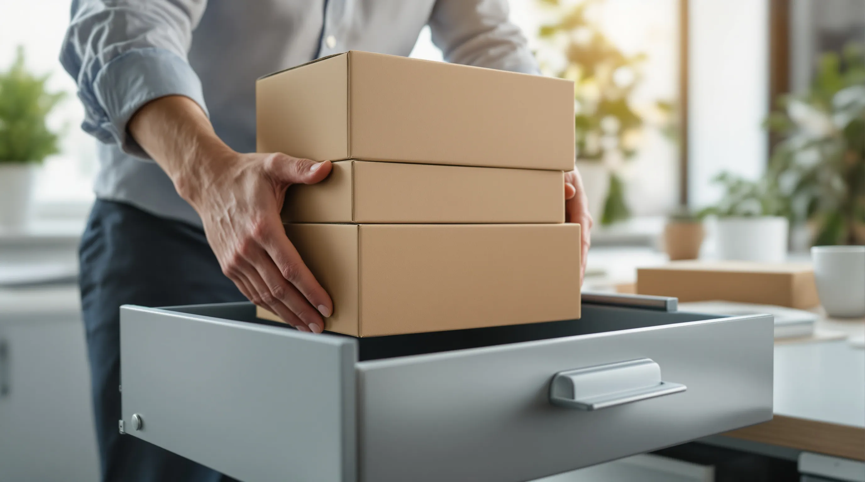 Close-up editorial photograph of an operations manager's hands lifting a stack of sturdy cardboard boxes from one open metal storage drawer into another in a bright office, a tidy desk with a potted plant and a coffee