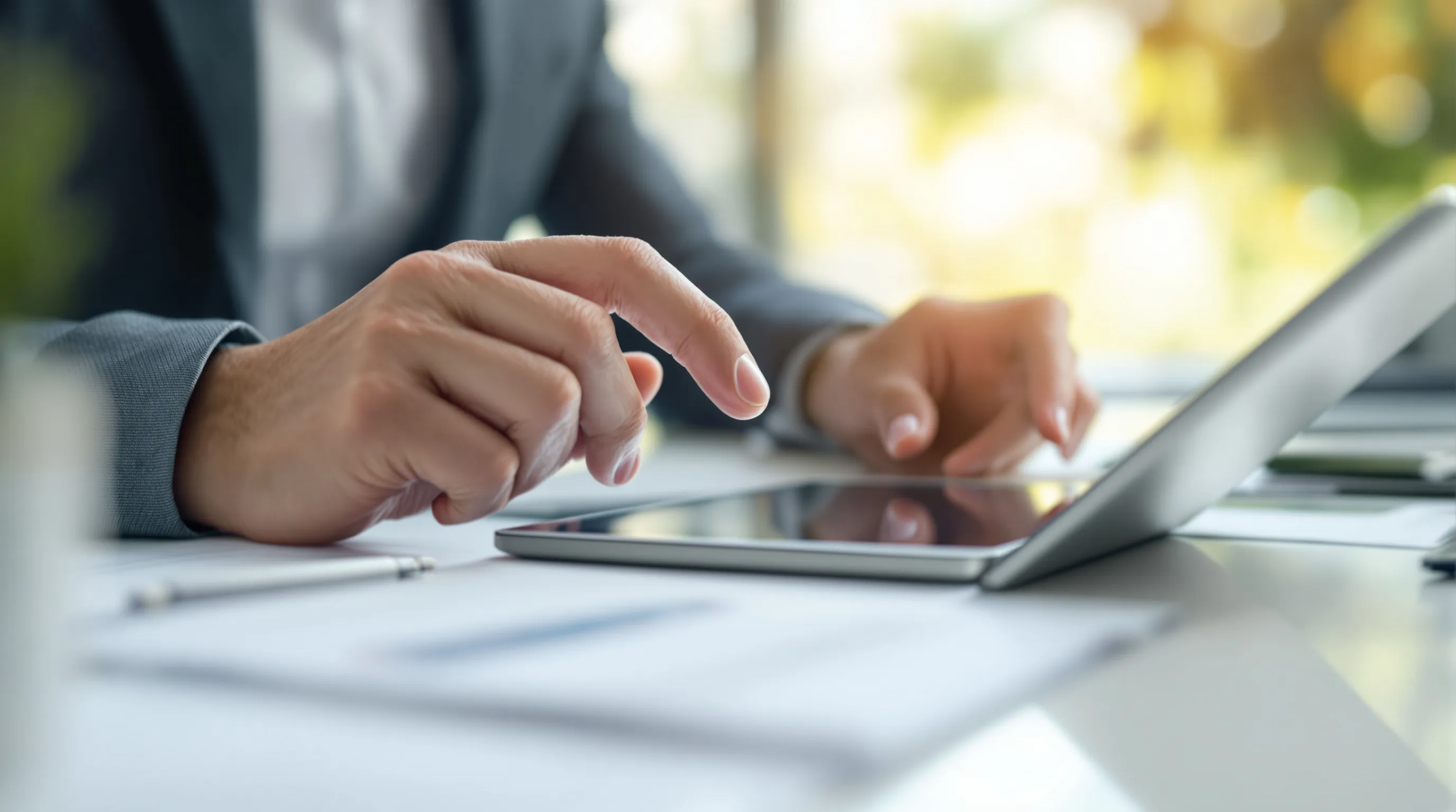 Financial professional reviewing chargeback rate monitoring data on a tablet in an office setting
