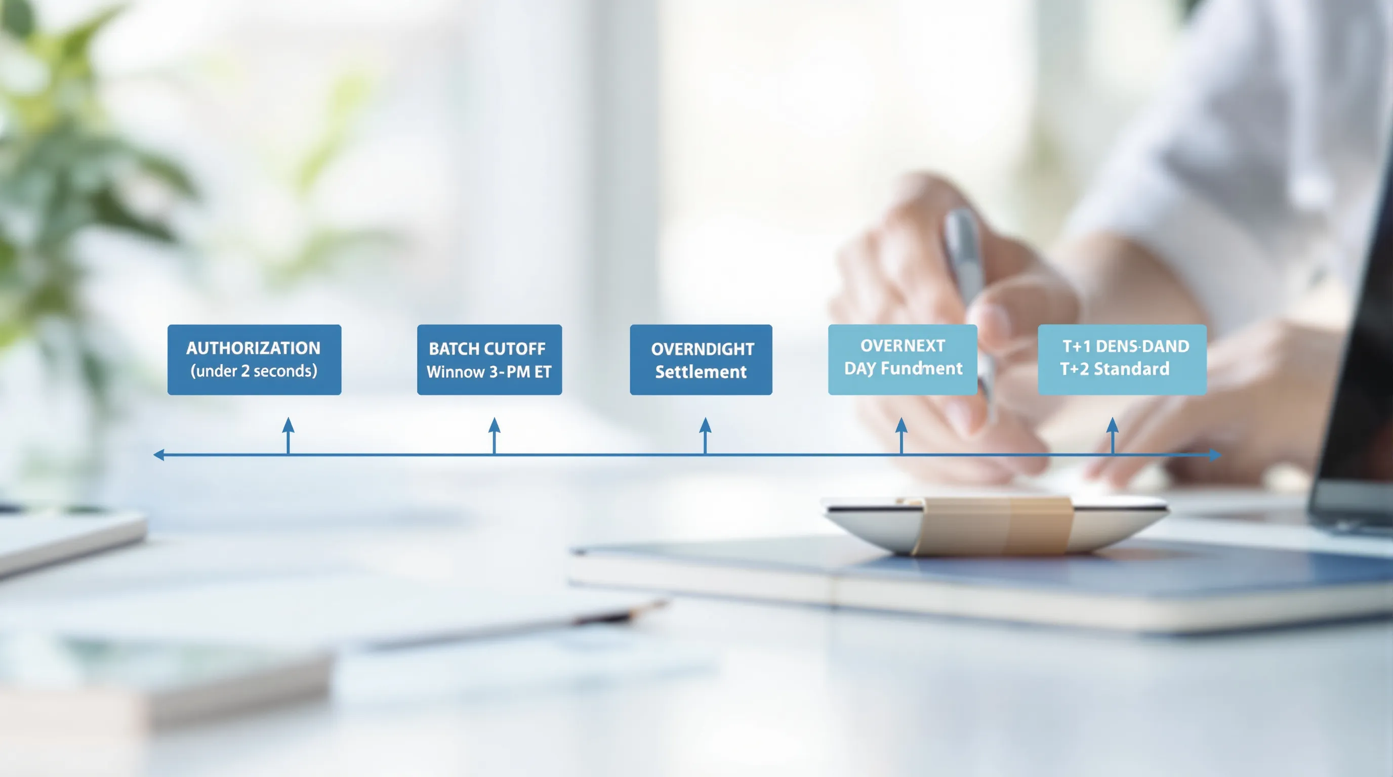 A timeline diagram showing card payment processing stages: authorization under 2 seconds, batch cutoff window 3 to 7 PM ET, overnight settlement, and funding release at T+1 next-day or T+2 standard
