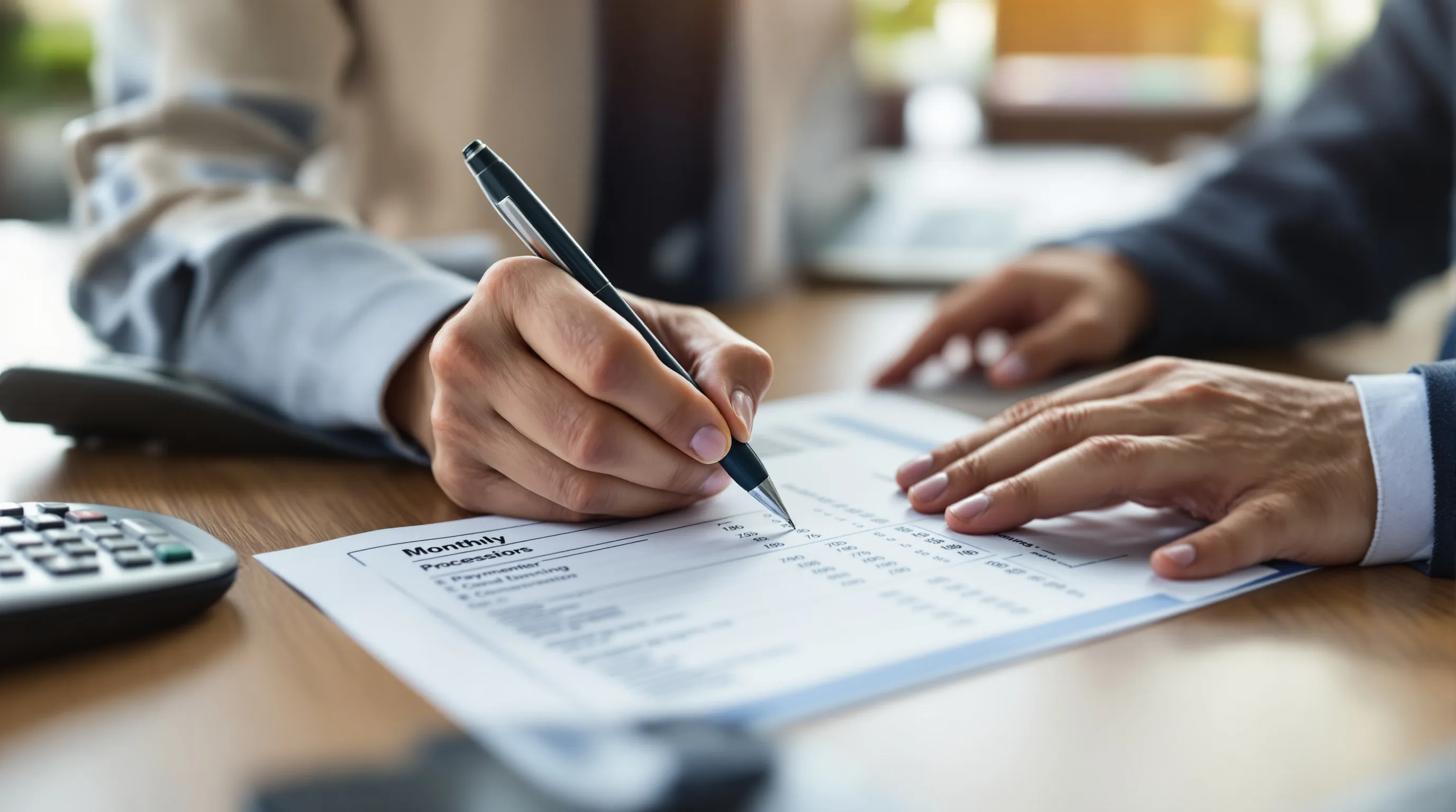 Business owner reviewing line items on a monthly credit card processing statement beside a card terminal