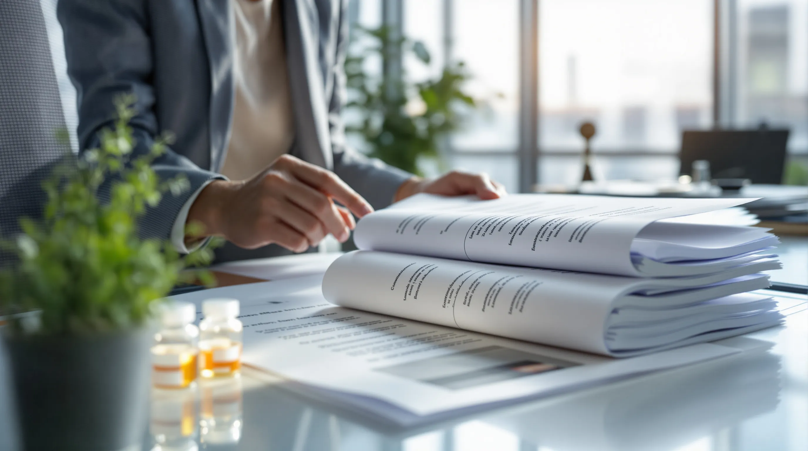Business professional reviewing peptide compliance documentation and certificates for payment processing underwriting approval