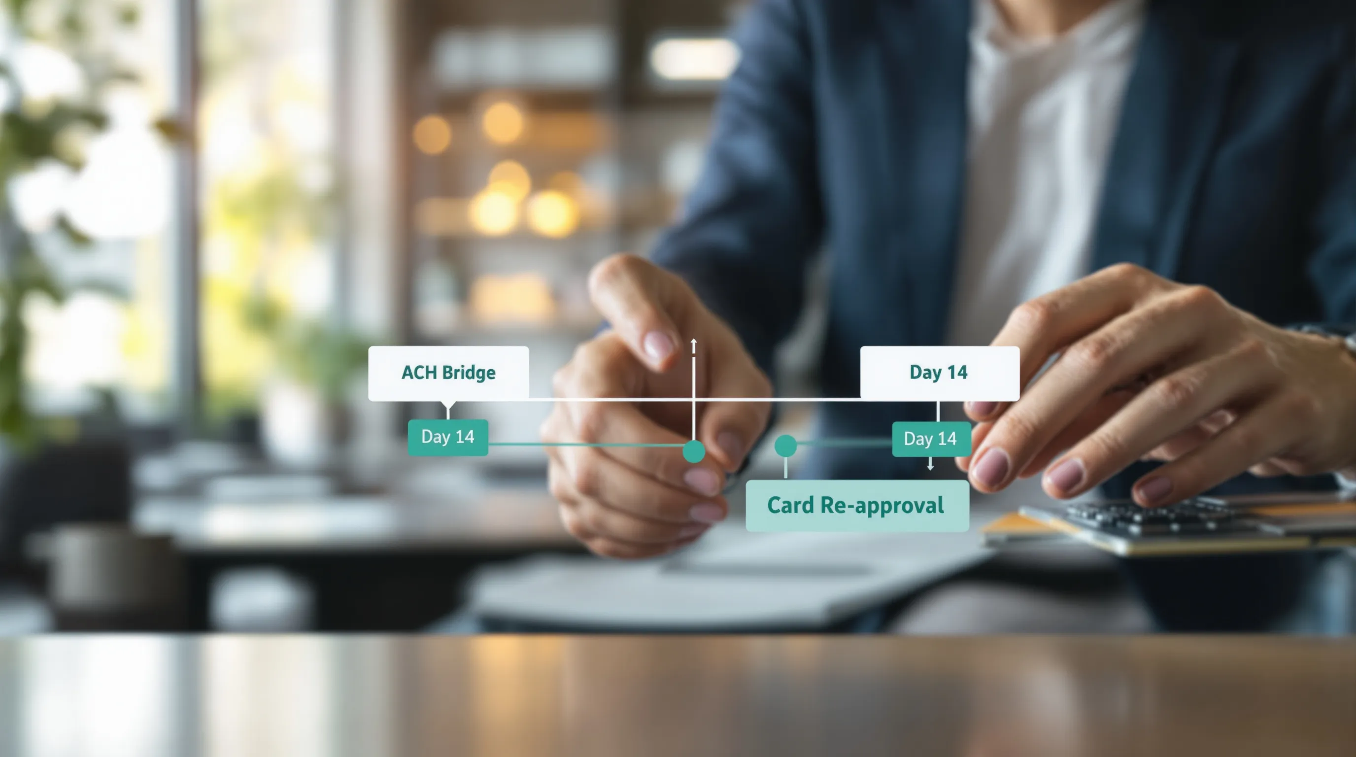 Timeline diagram showing the 7-14 day payment processing recovery journey from acquirer termination to new high-risk merchant account approval