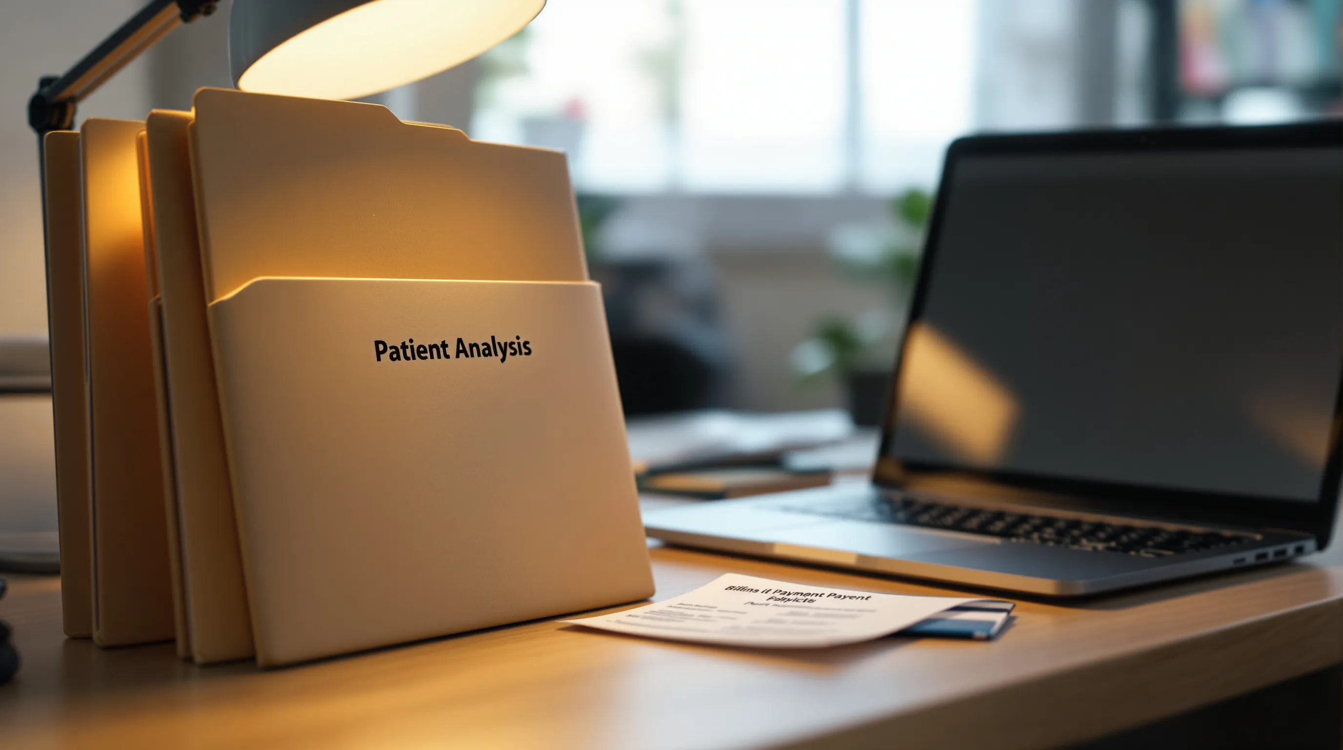 Clinic billing desk with a card dispute notice set apart from a closed patient chart folder