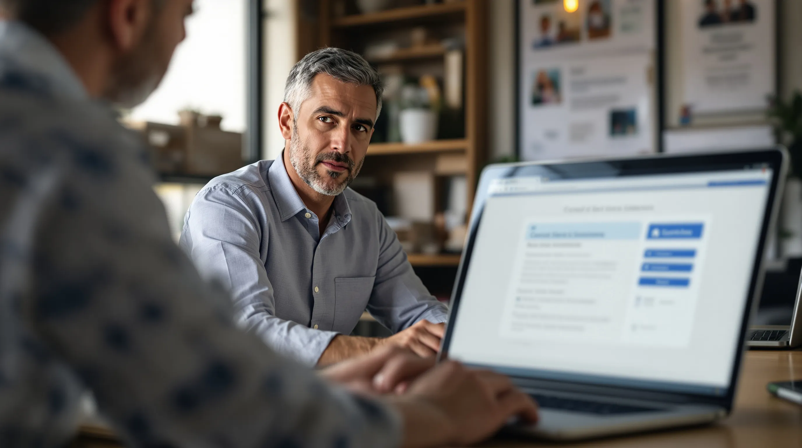 A business owner managing dual banking relationships on two separate computers