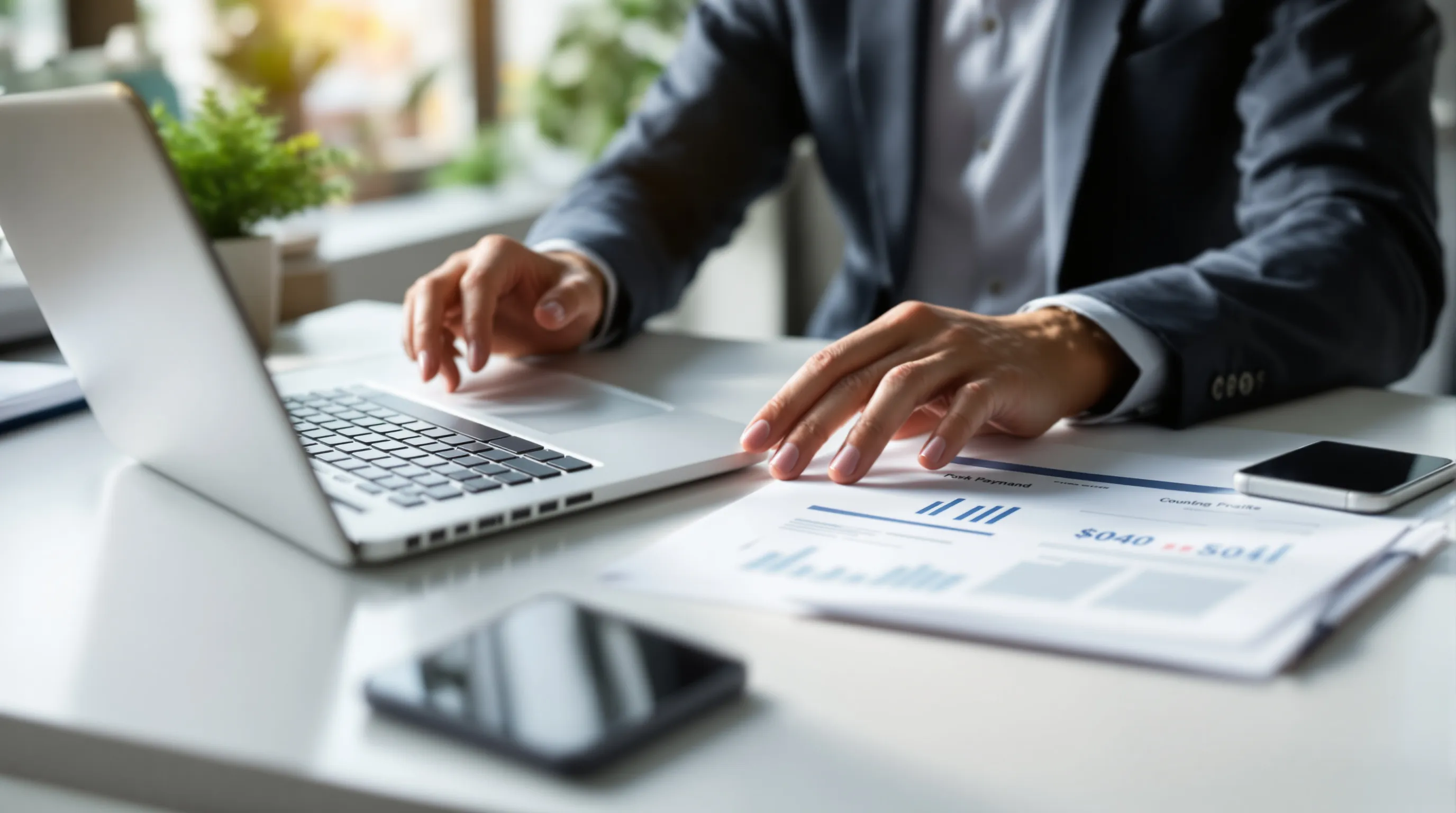 Peptide brand owner reviewing ACH payment processing documents and bank transaction data on a laptop