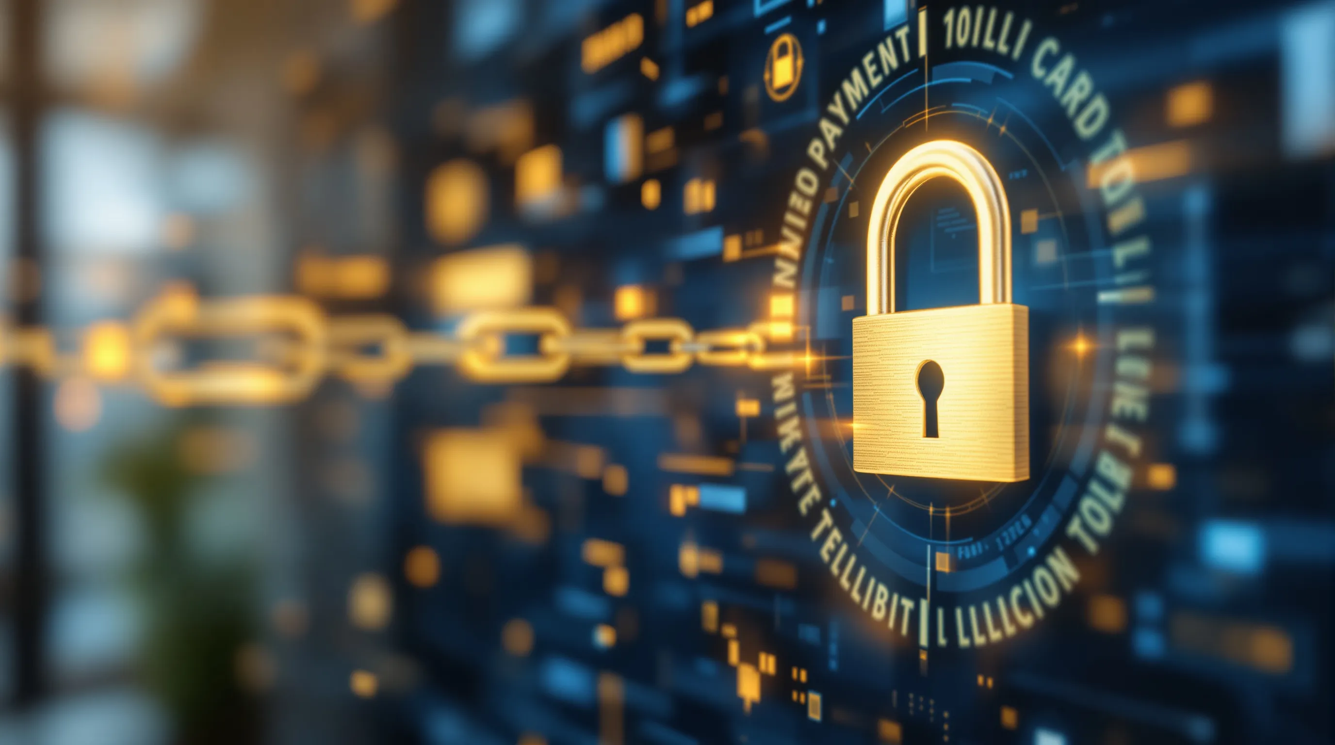 A digital padlock overlaying a credit card vault interface, with payment token strings and a broken chain representing merchant data portability, clean dark navy and gold fintech aesthetic, professional editorial