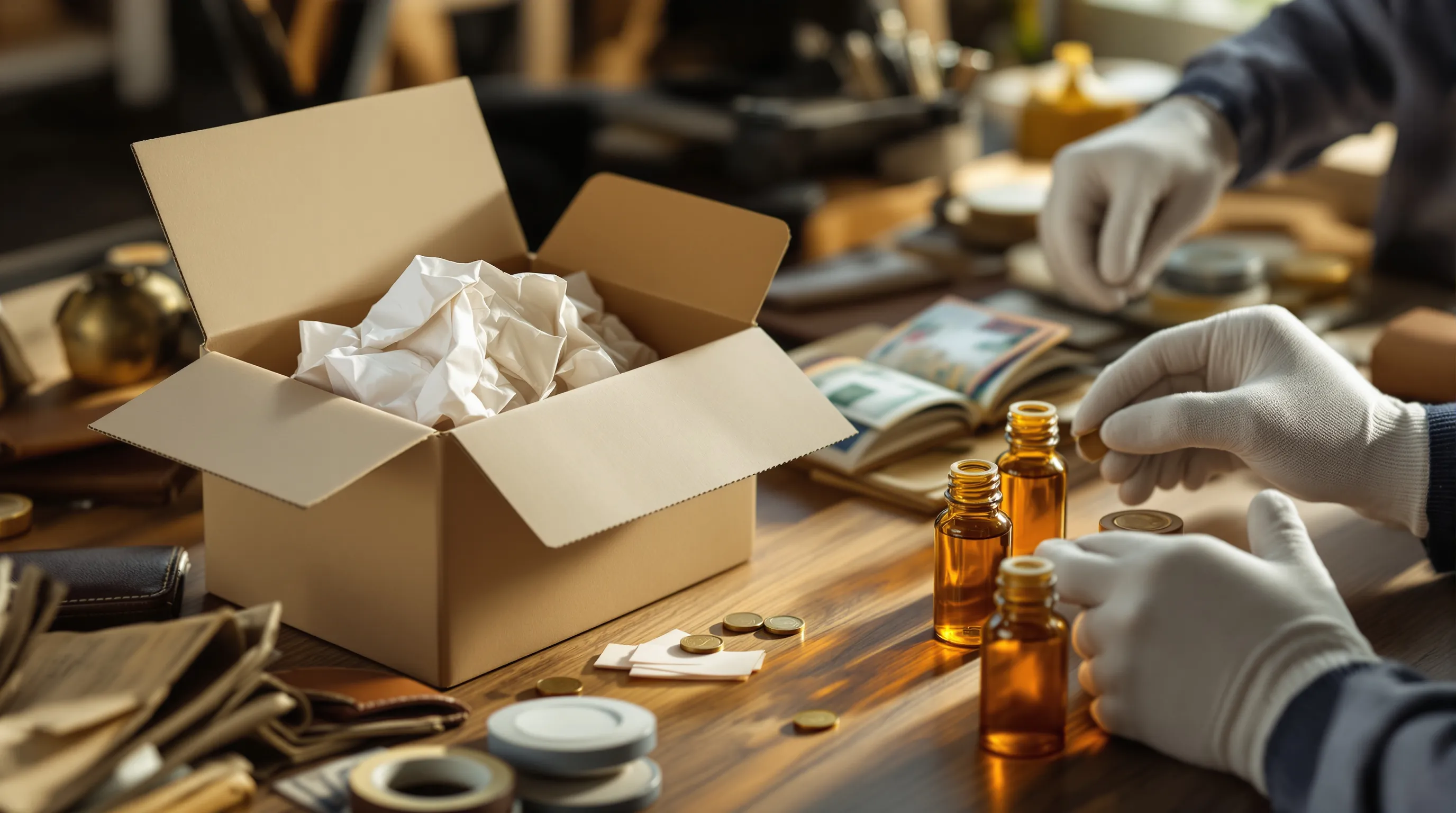 Photorealistic editorial scene of a small fulfillment bench in soft natural window light, an open cardboard shipping box with crumpled kraft paper spilling over its flaps, beside a worn leather wallet and a loose stack