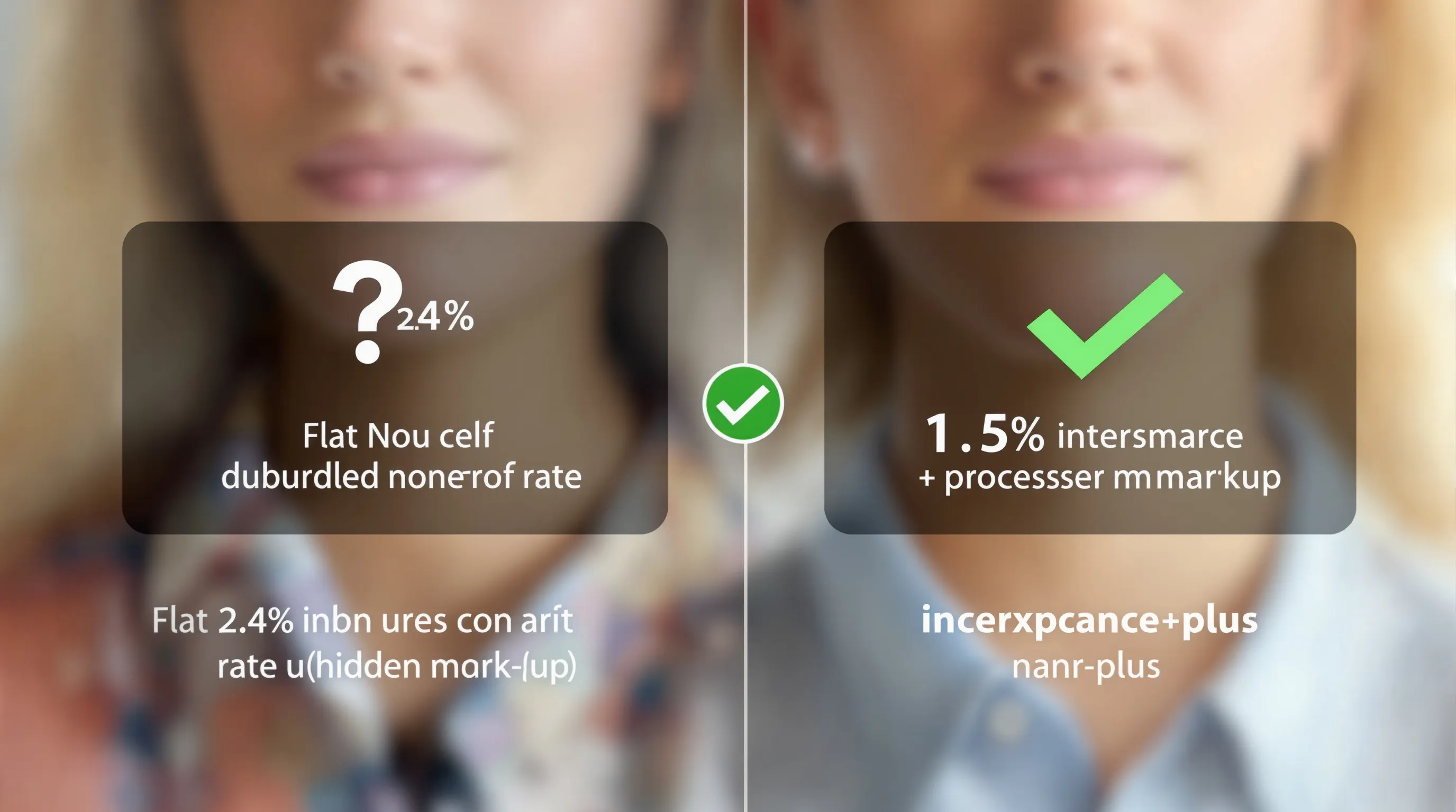 A clear visual concept-style illustration showing two payment processing paths: on the left, a flat 2.4% bundled nonprofit rate with a question mark over the hidden markup portion; on the right, an interchange-plus