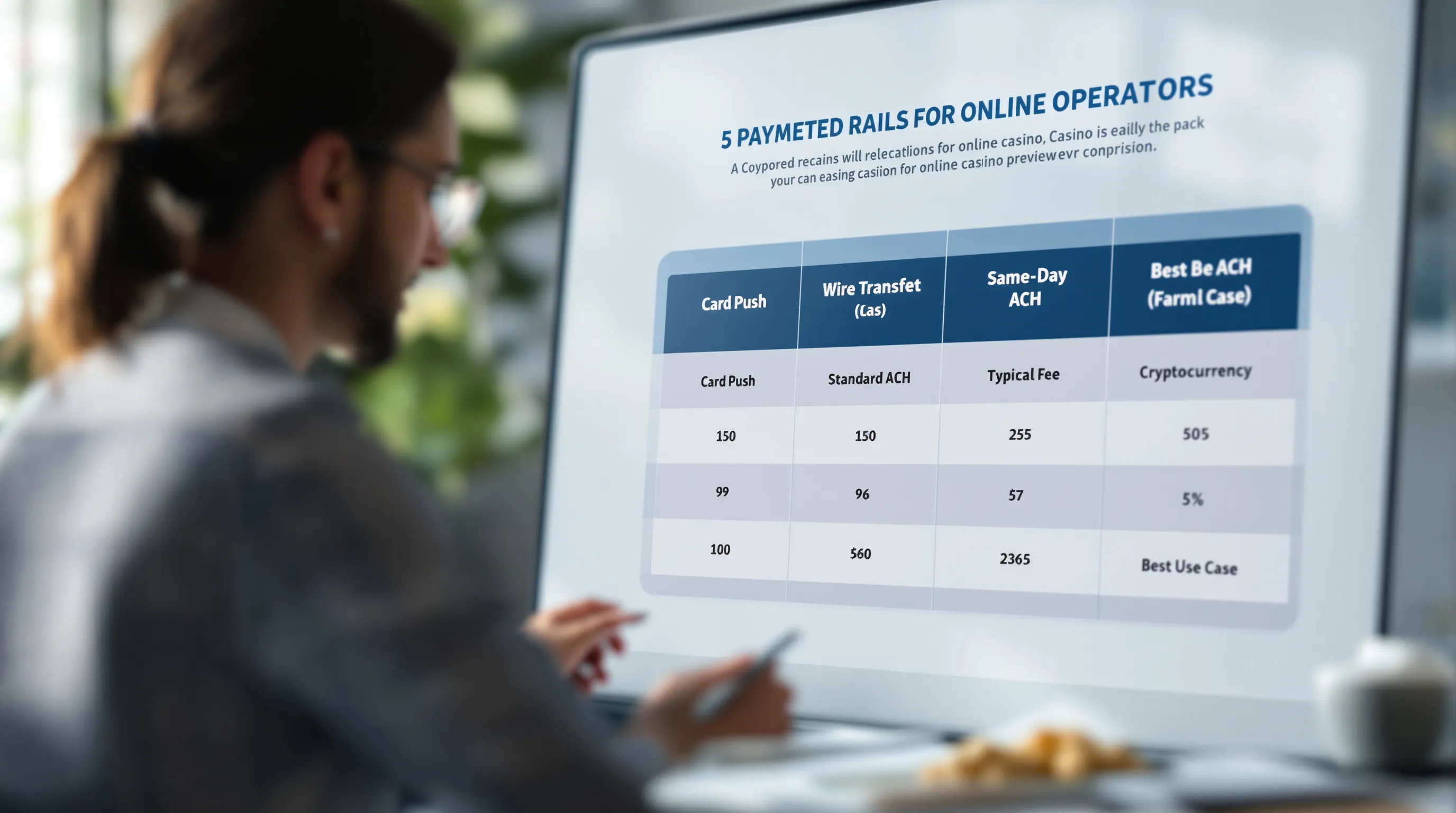Comparison table showing payout rail timelines for online casino withdrawals: card push, wire transfer, ACH, Same-Day ACH, and cryptocurrency settlement speeds