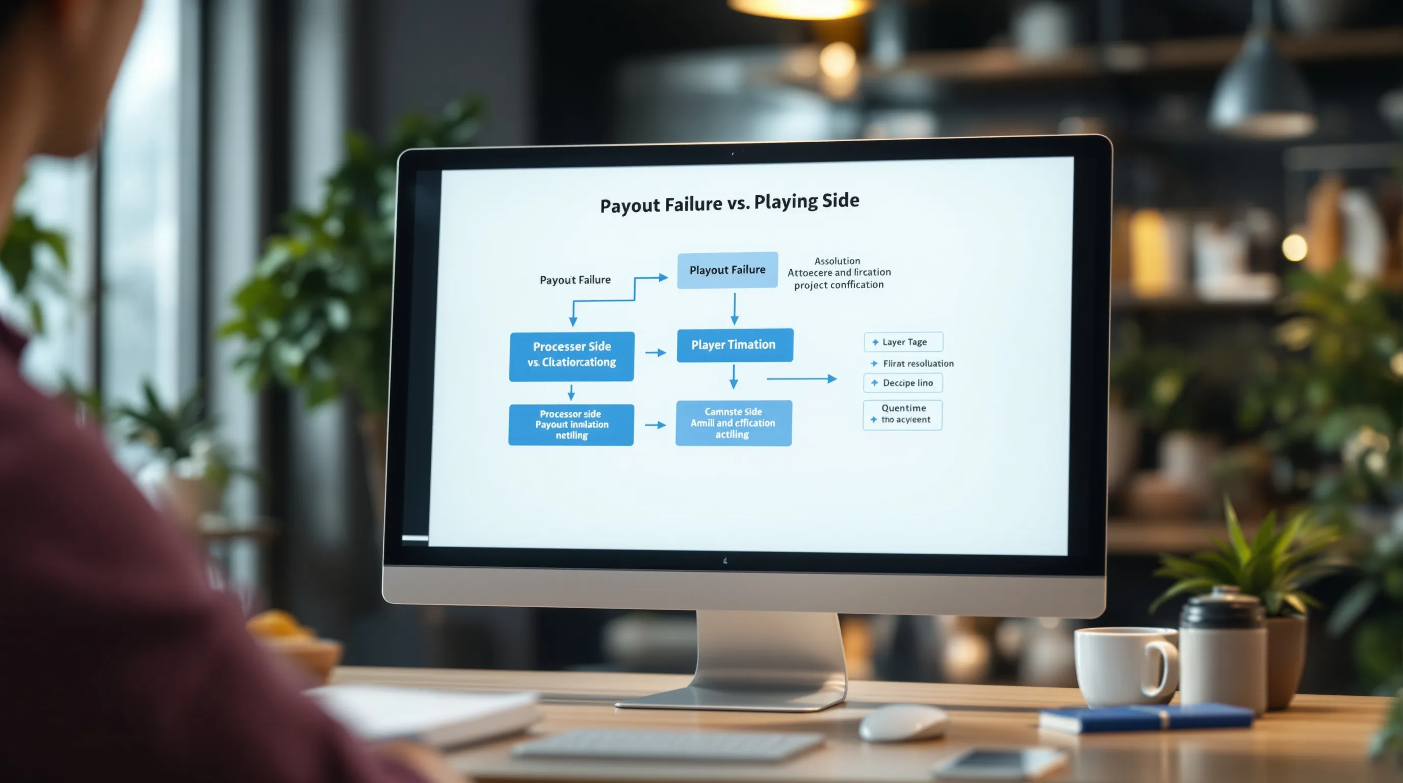 A clean process scene scene showing a payout failure decision tree: processor-side vs. player-side classification with arrows pointing to resolution paths and timelines