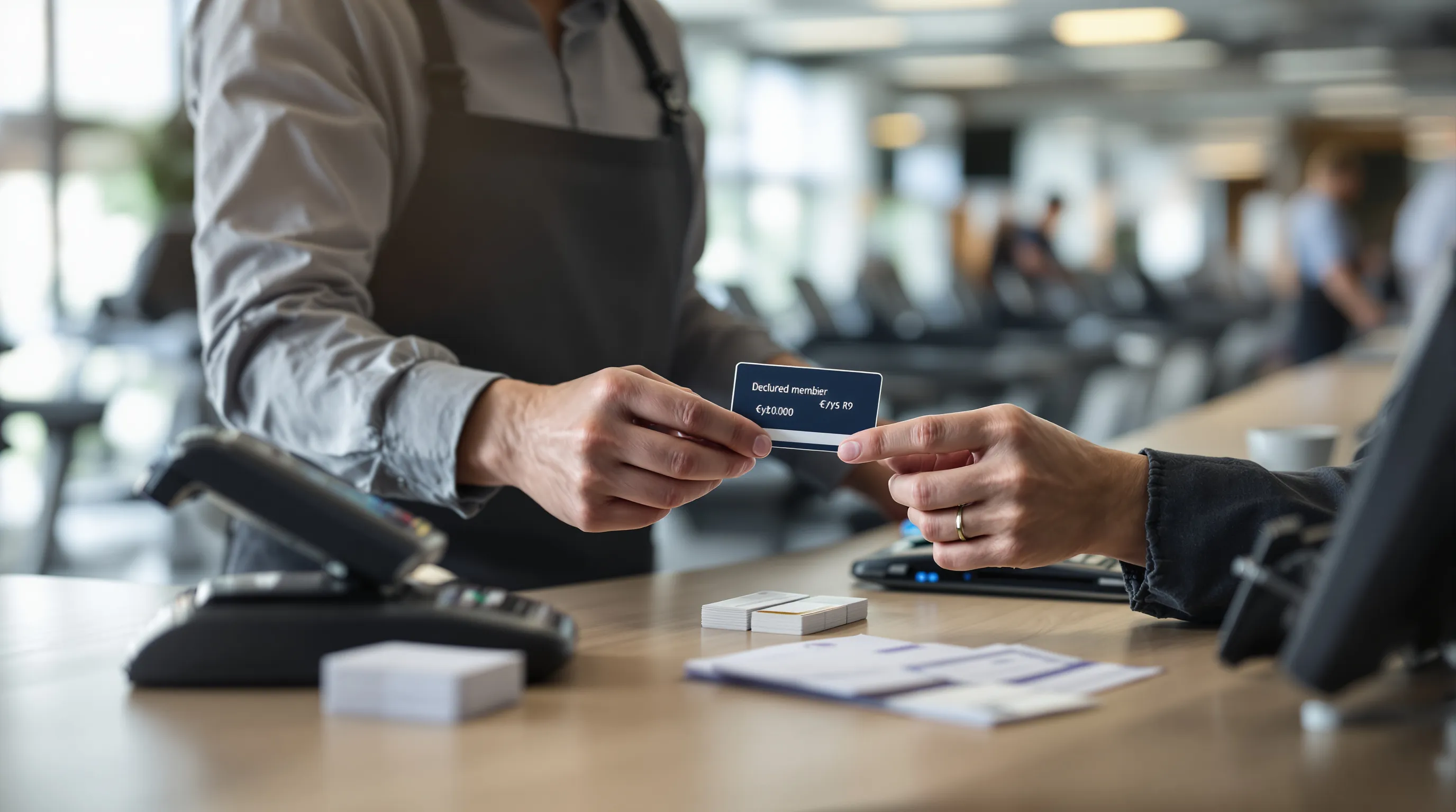 Early-morning gym reception desk, a staff member standing behind the counter holding a declined membership card and examining it closely, beside a contactless card reader and a tray of member key fobs