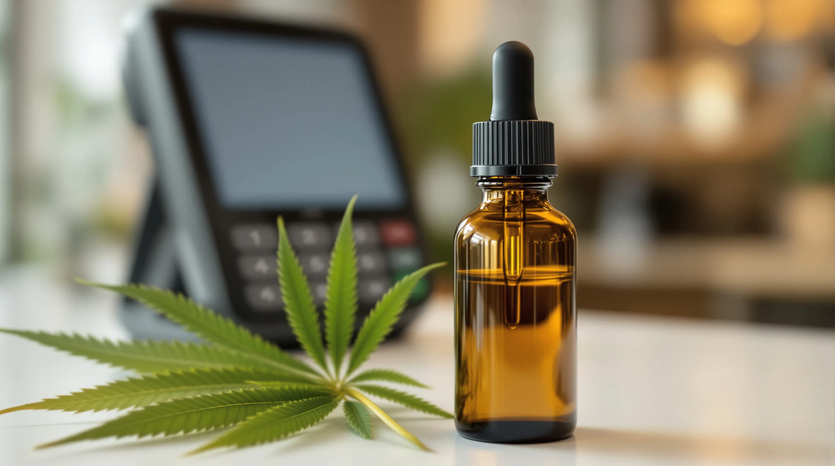 Hemp CBD products next to a payment terminal showing a declined transaction, illustrating the structural payment processing challenges CBD merchants face despite hemp being federally legal