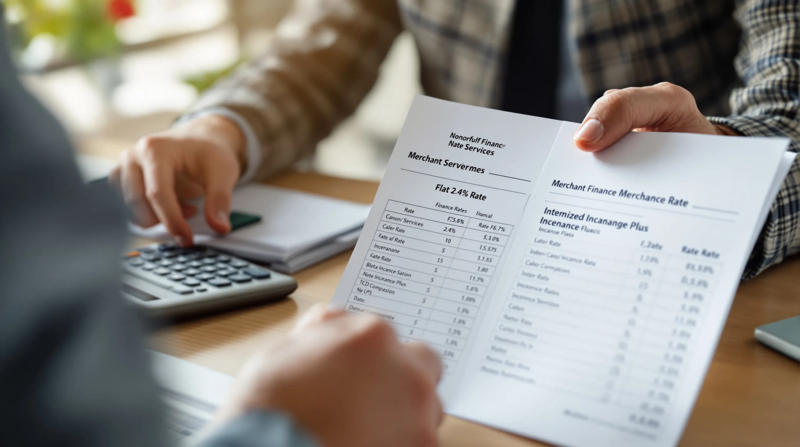 A nonprofit finance director at a desk reviewing a merchant services statement, with a calculator and two printed rate comparison sheets side by side - one showing a flat 2.4% rate and another showing an itemized