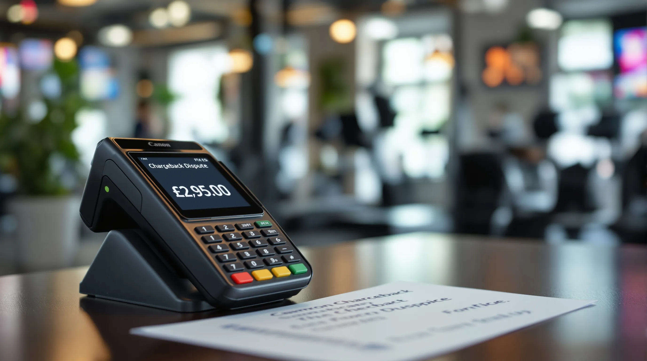 Payment terminal and chargeback dispute notice at a gym front desk illustrating fitness merchant processing risk