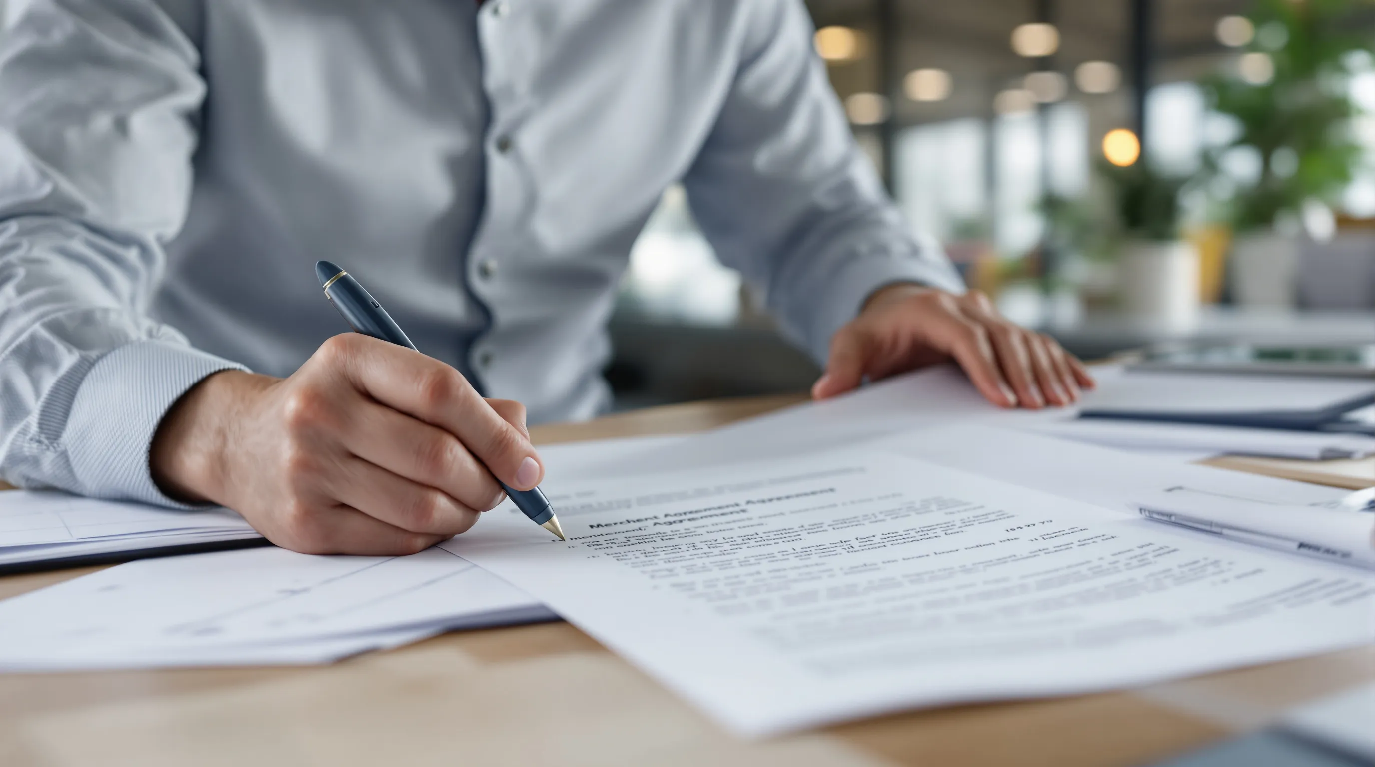 Business owner reviewing a high-risk merchant agreement contract to identify hidden costs beyond the processing rate