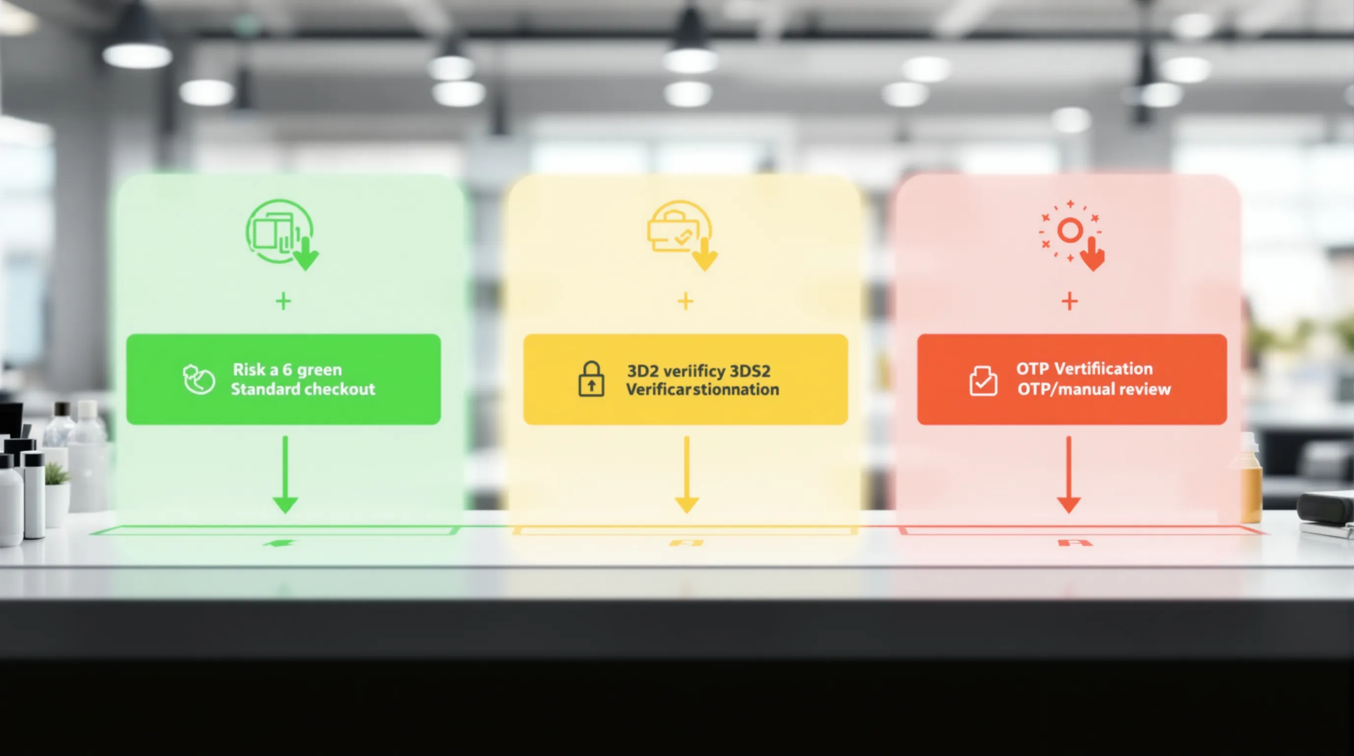Three-tier risk scoring diagram showing Low, Medium, and High risk pathways at checkout with corresponding verification actions