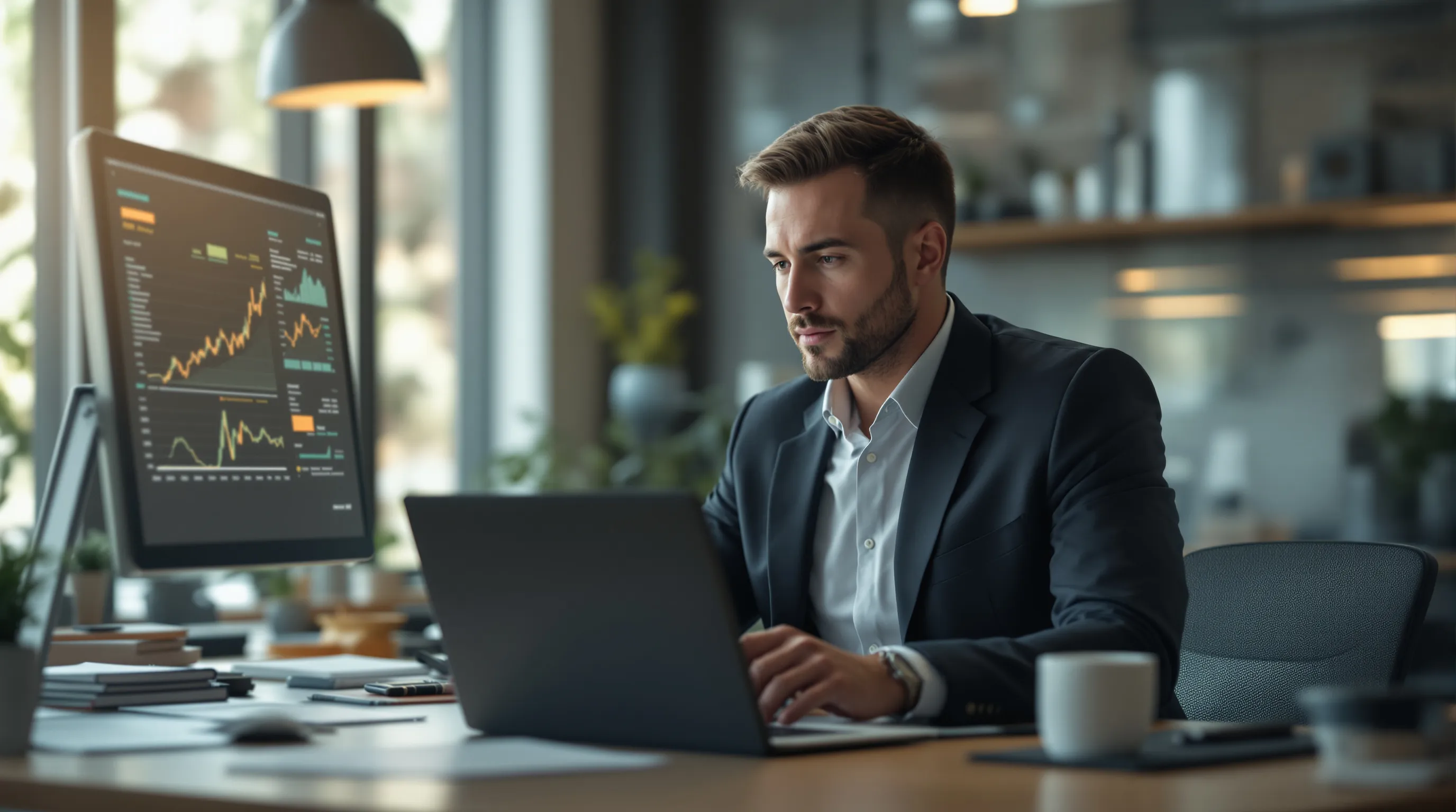 Business owner reviewing payment processing options after merchant account termination, with dual payment rails shown on a financial dashboard