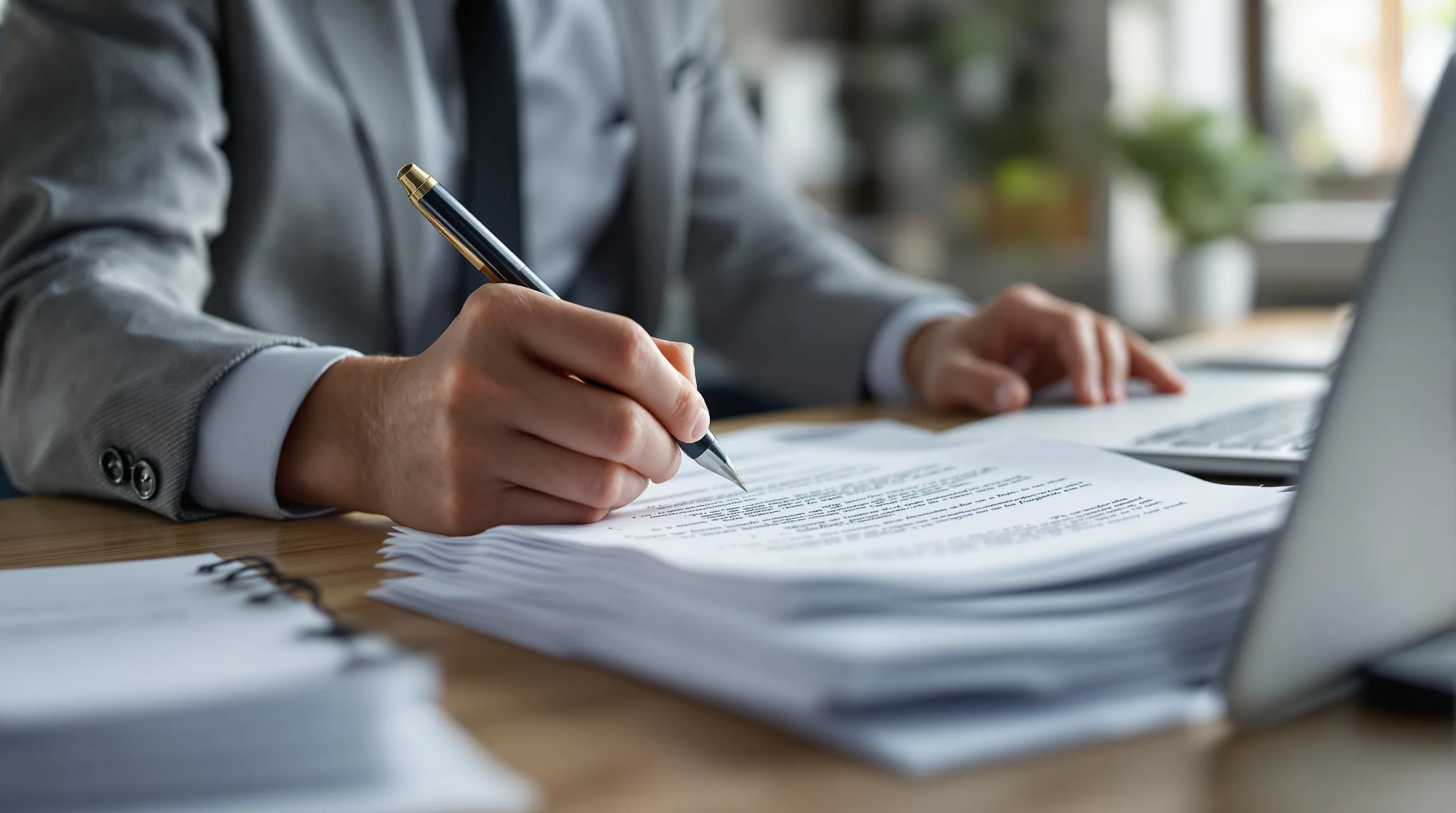 Business owner reviewing PayPal compliance notice documents at a desk, with laptop showing merchant dashboard