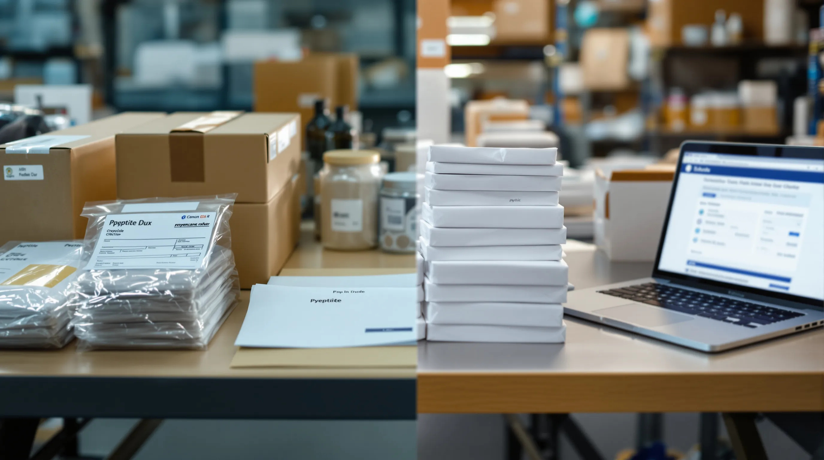 Peptide supplier shipping room with lab-supply orders on one bench and consumer retail mailers on another