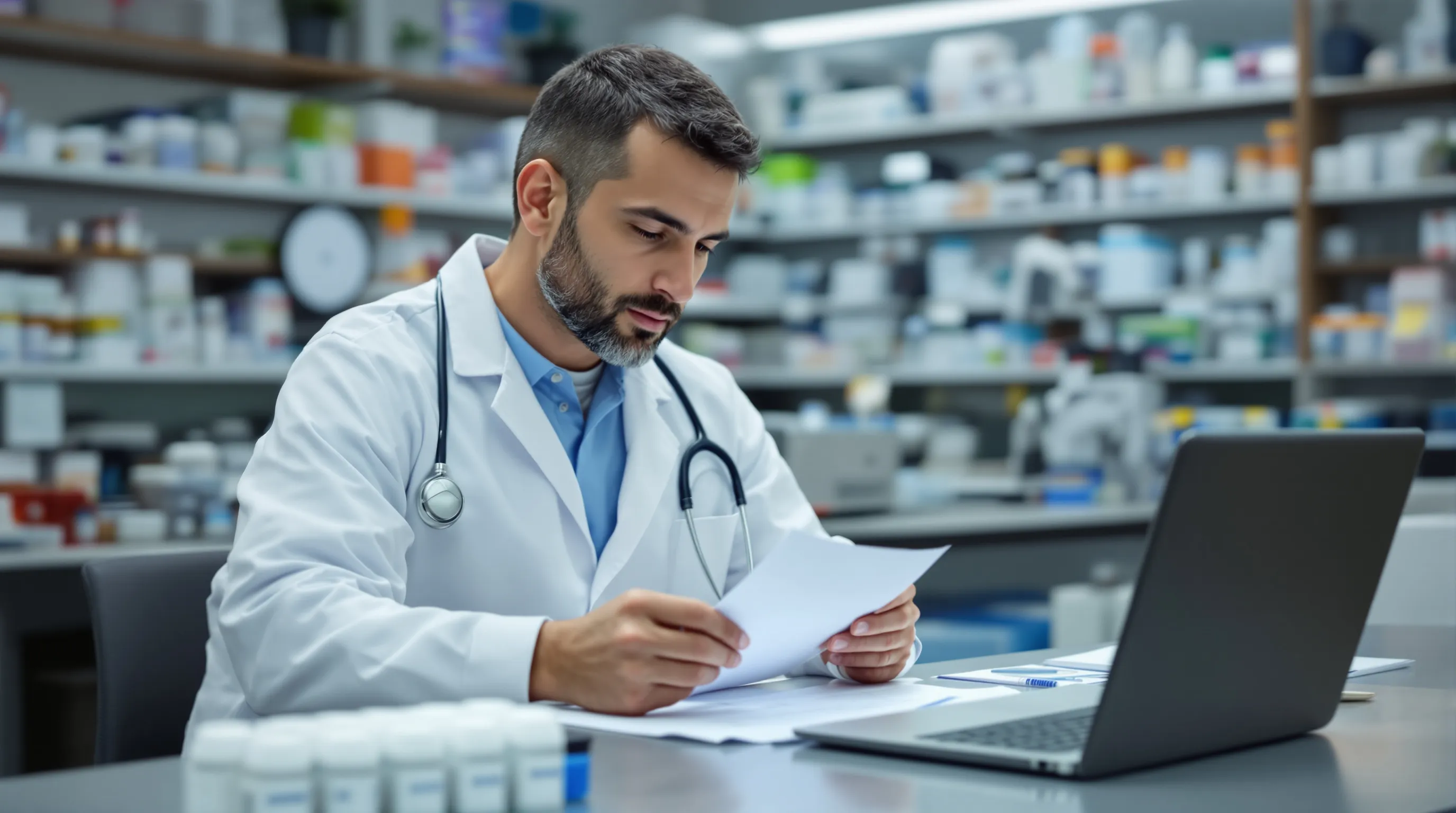 Healthcare professional reviewing prescription alongside medication vials representing telehealth Rx fulfillment operations